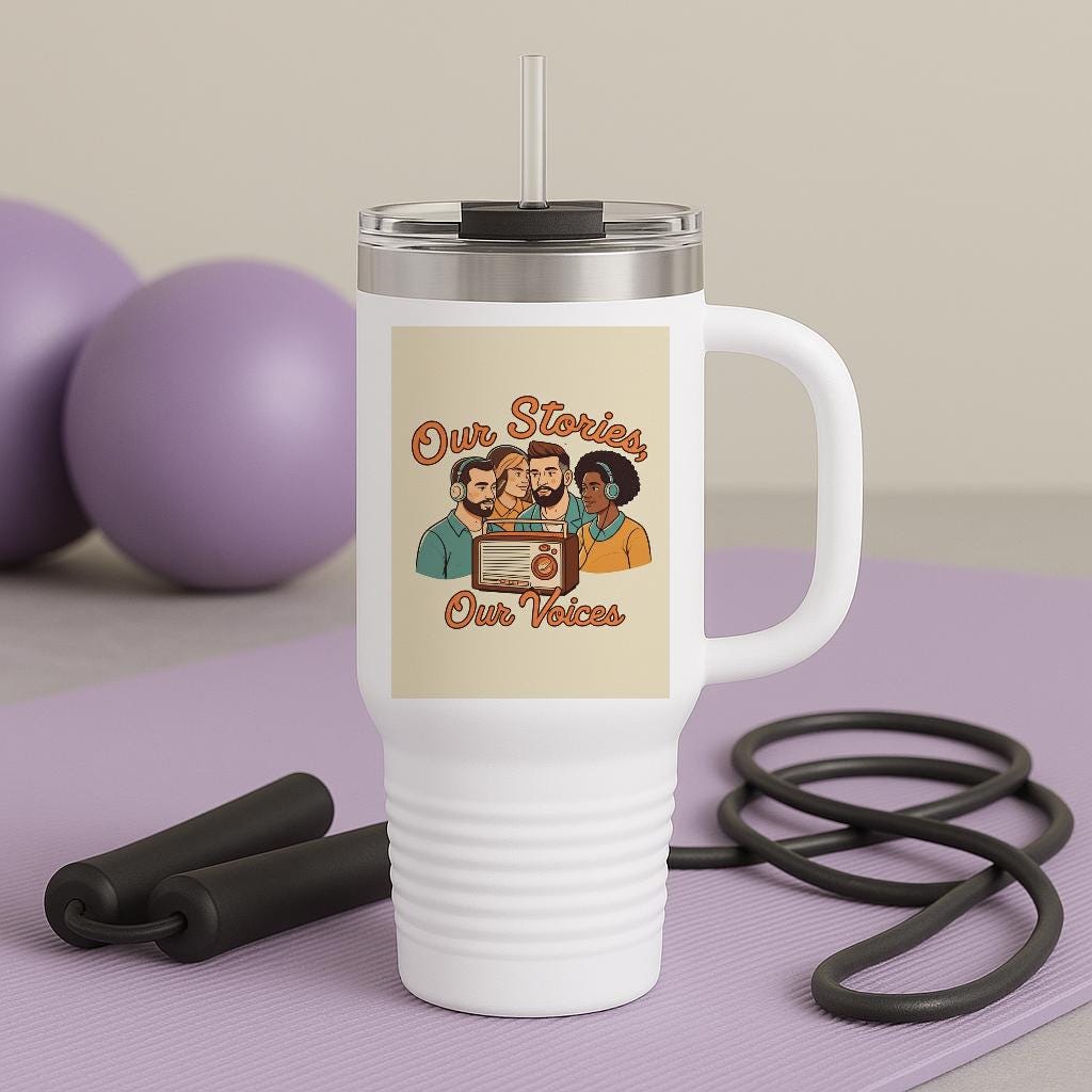 Our Stories Our Voices Insulated Travel Mug | Podcast Lover Gift | Diverse Community Art Tumbler | Retro Radio Design | Empowering Message