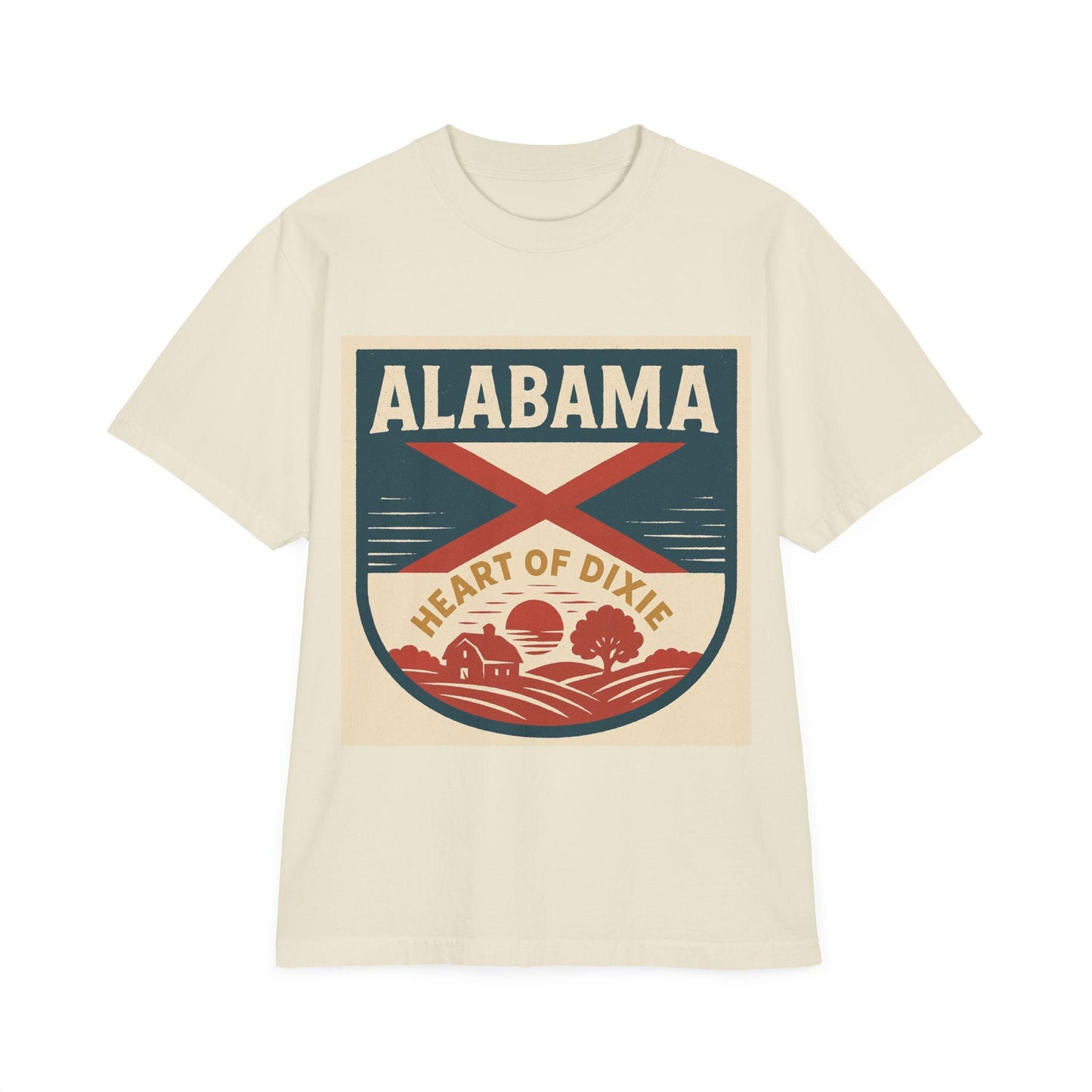 Heart of Dixie Alabama Vintage Garment-Dyed Unisex Drop-Shoulder T-Shirt - 100% Cotton, Soft & Comfortable, Made in the USA