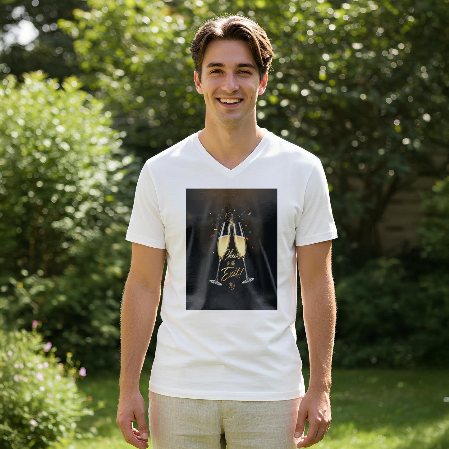 Cheers to the Exit V-Neck Tee | Celebration Farewell Gift Shirt | New Beginnings Retirement Graduation Party Apparel | Unisex Design