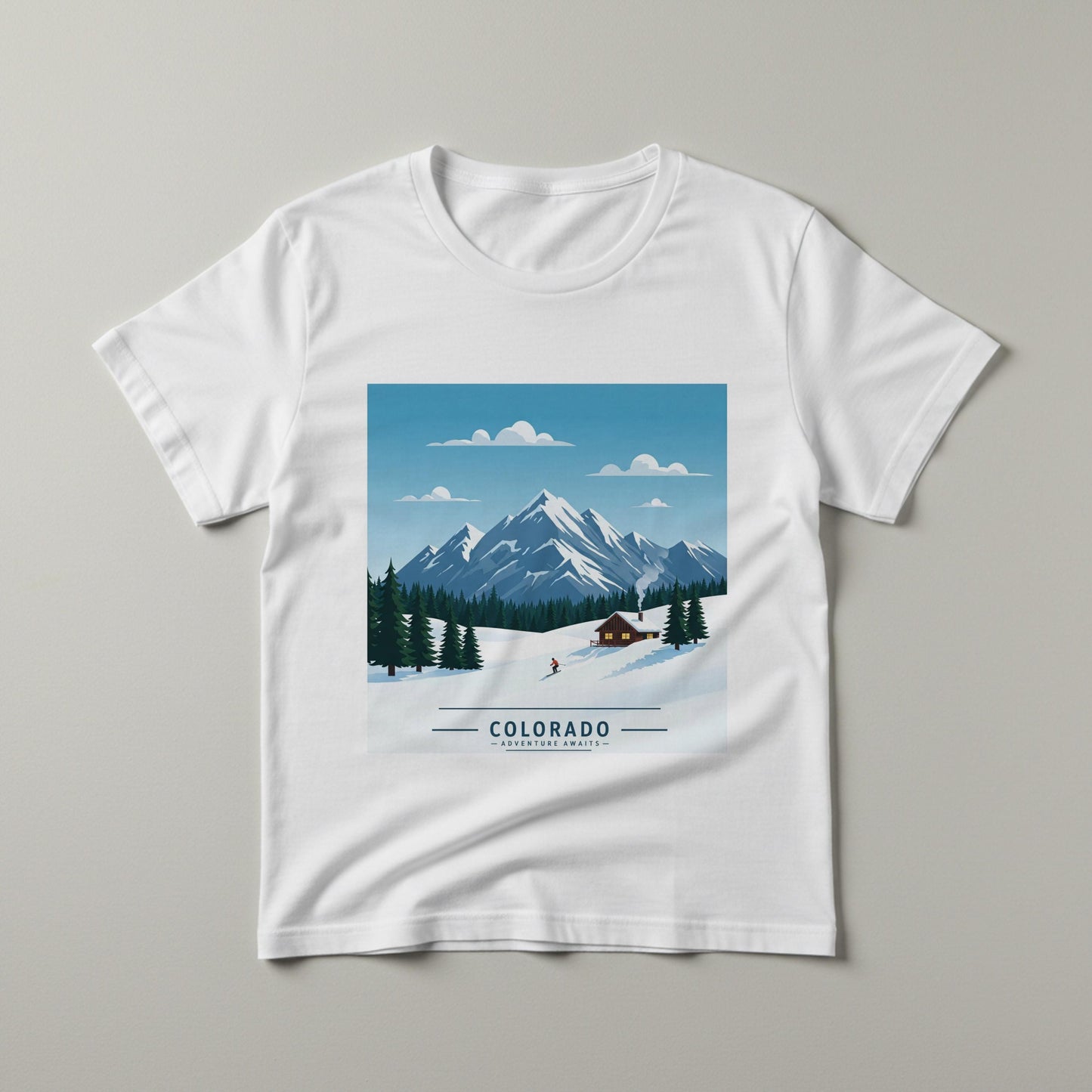 Colorado Adventure Awaits T-Shirt | Retro Skiing Mountain Landscape Tee | Cozy Cabin Winter Scene | Garment Dyed Unisex Apparel Gift