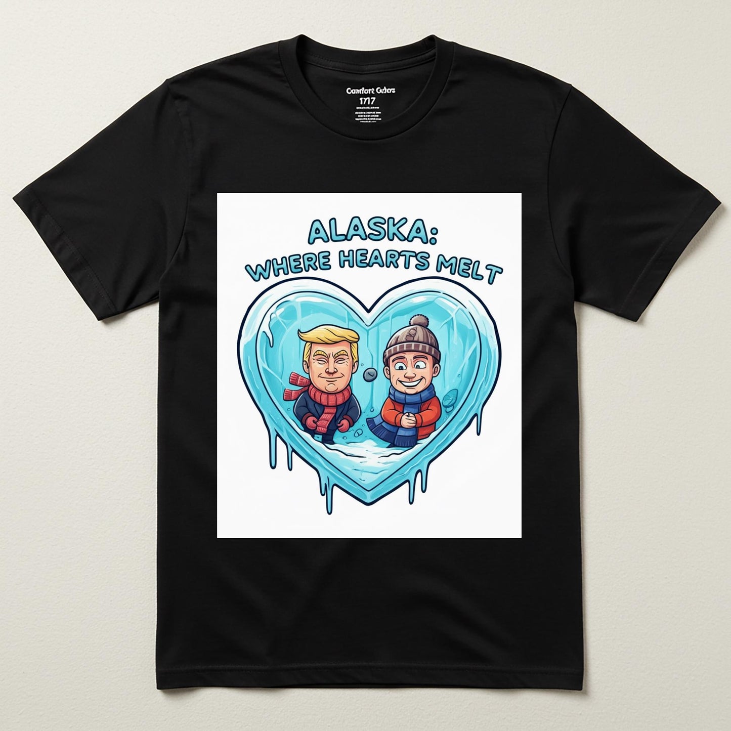 Alaska Political Humor T-Shirt | Funny Trump Biden Caricature Tee | Melting Ice Heart Design | Unisex Garment-Dyed Satire Gift Idea