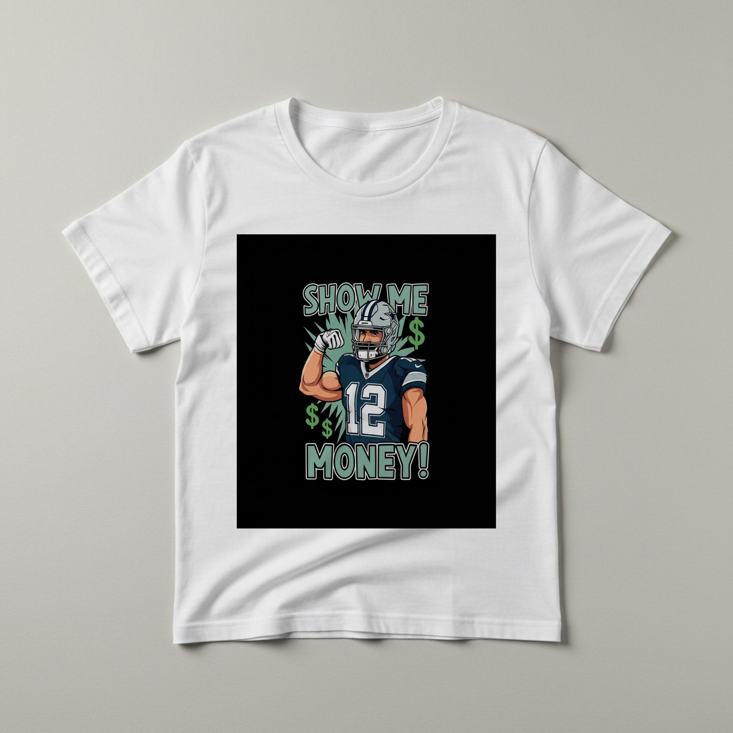 Show Me Money Football T-Shirt | Number 12 Player Tee | Sports Graphic Apparel | Unisex Garment-Dyed Shirt | Game Day Outfit | Fan Gift