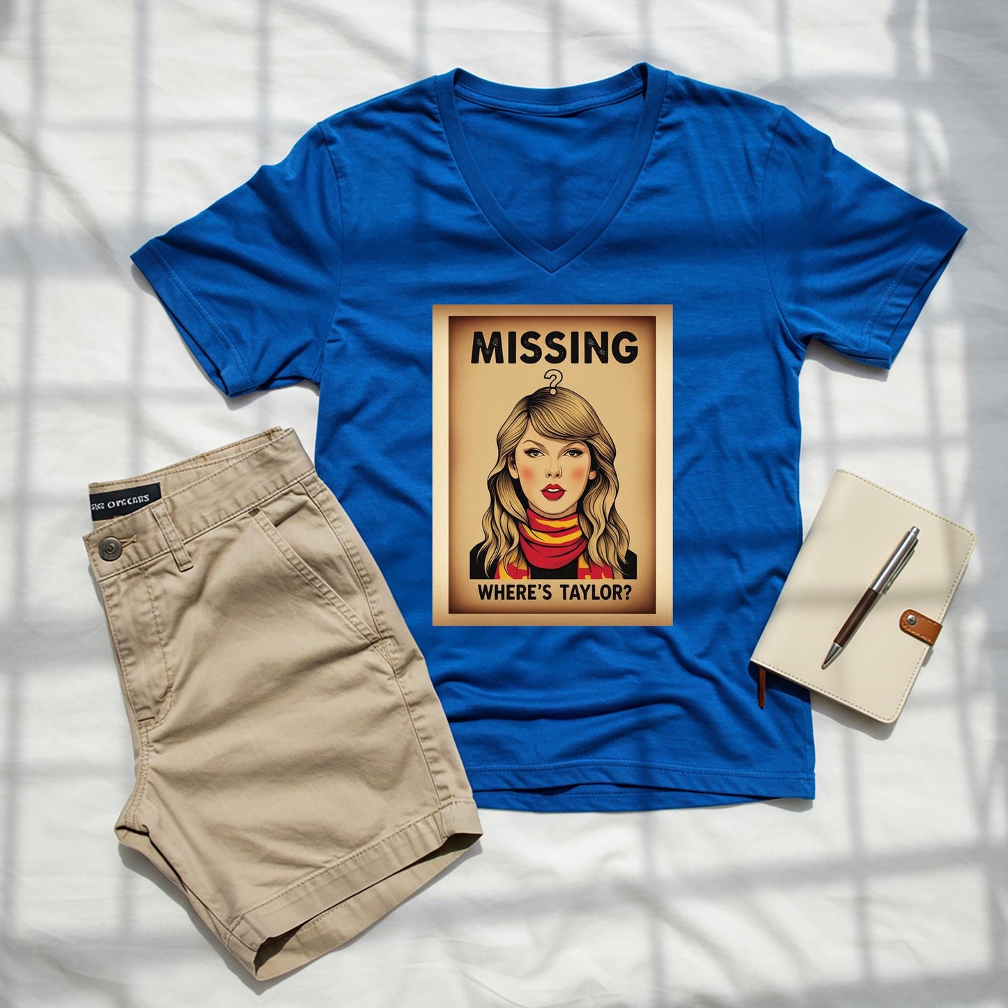 Taylor Swift V-Neck Tee | Swiftie T-Shirt | Missing Taylor Shirt | Pop Art Vintage Poster Design | Celebrity Fan Apparel | Music Lover Gift