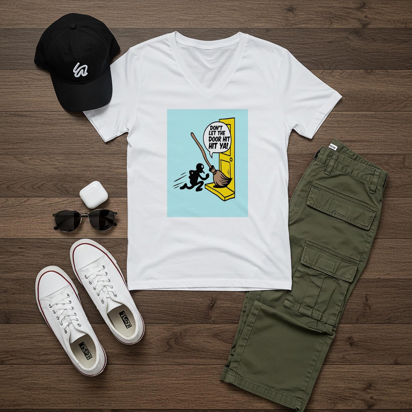 Unisex V-Neck Tee with Funny Broomstick Humor Design | Sarcastic Don't Let The Door Hit Ya Graphic T-Shirt | Witty Farewell Joke Gift Idea