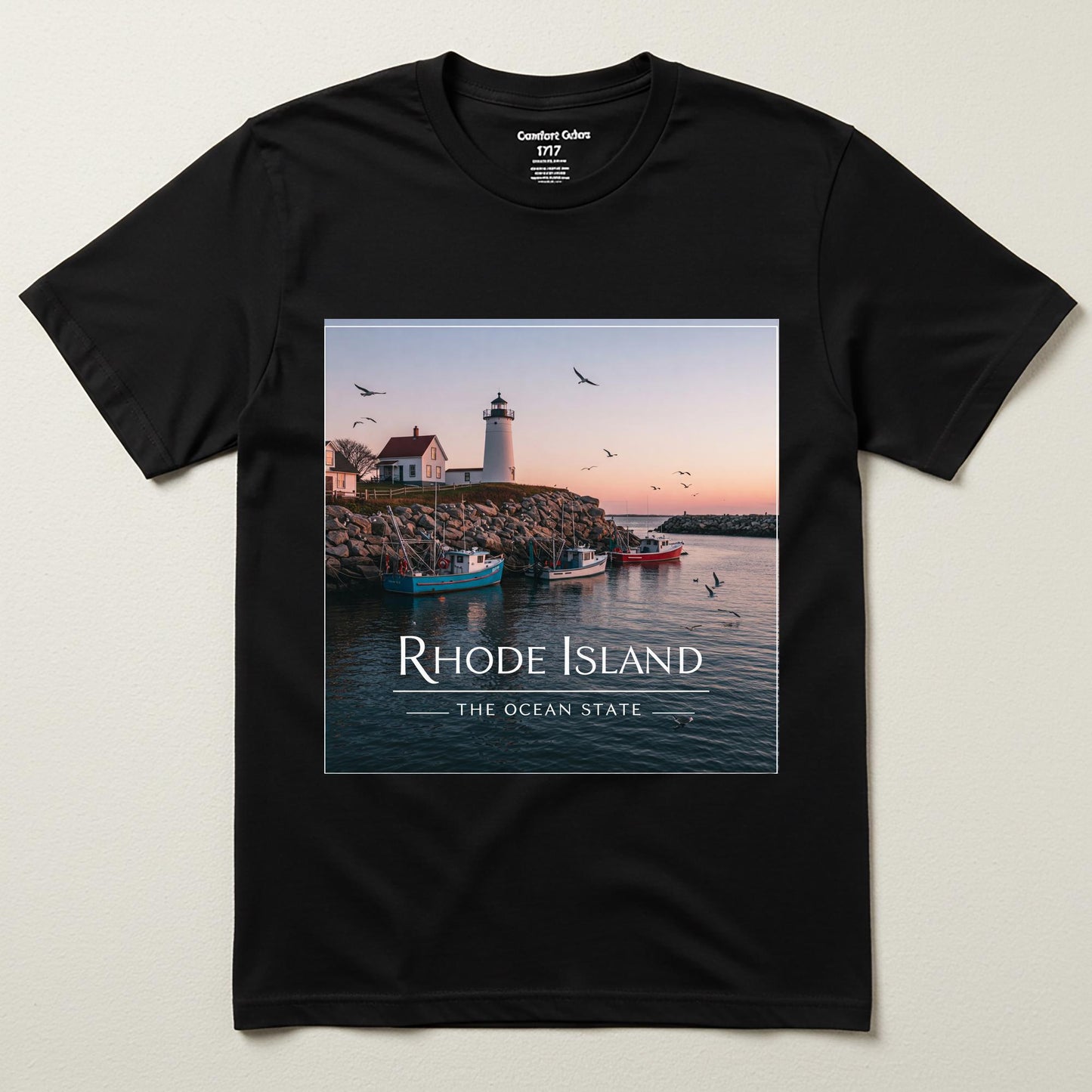 Rhode Island Ocean State Tee | Coastal Lighthouse Garment Dyed Unisex T-Shirt | Nautical New England Souvenir | Scenic Seascape Apparel