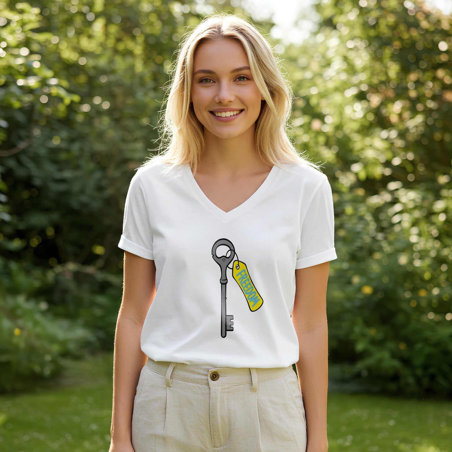 Unisex V-neck Tee with Freedom Key Design | Motivational Inspirational Shirt | Positive Message Apparel | Liberation Independence Gift