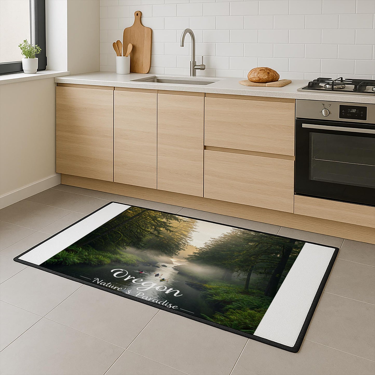 Oregon Nature's Paradise Heavy Duty Floor Mat | Misty Forest River Kayaking Adventure Mat | Pacific Northwest Scenic Landscape Decor