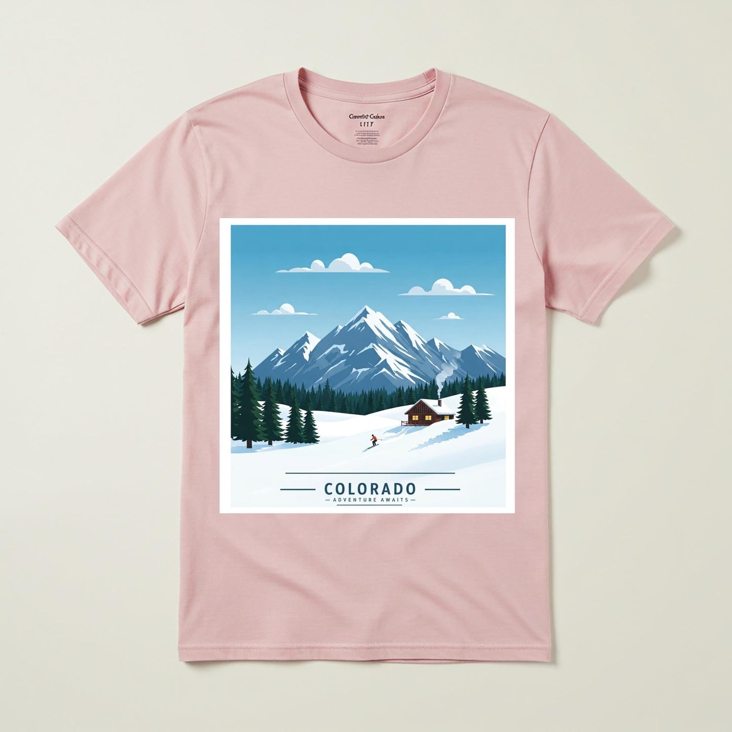 Colorado Adventure Awaits T-Shirt | Retro Skiing Mountain Landscape Tee | Cozy Cabin Winter Scene | Garment Dyed Unisex Apparel Gift