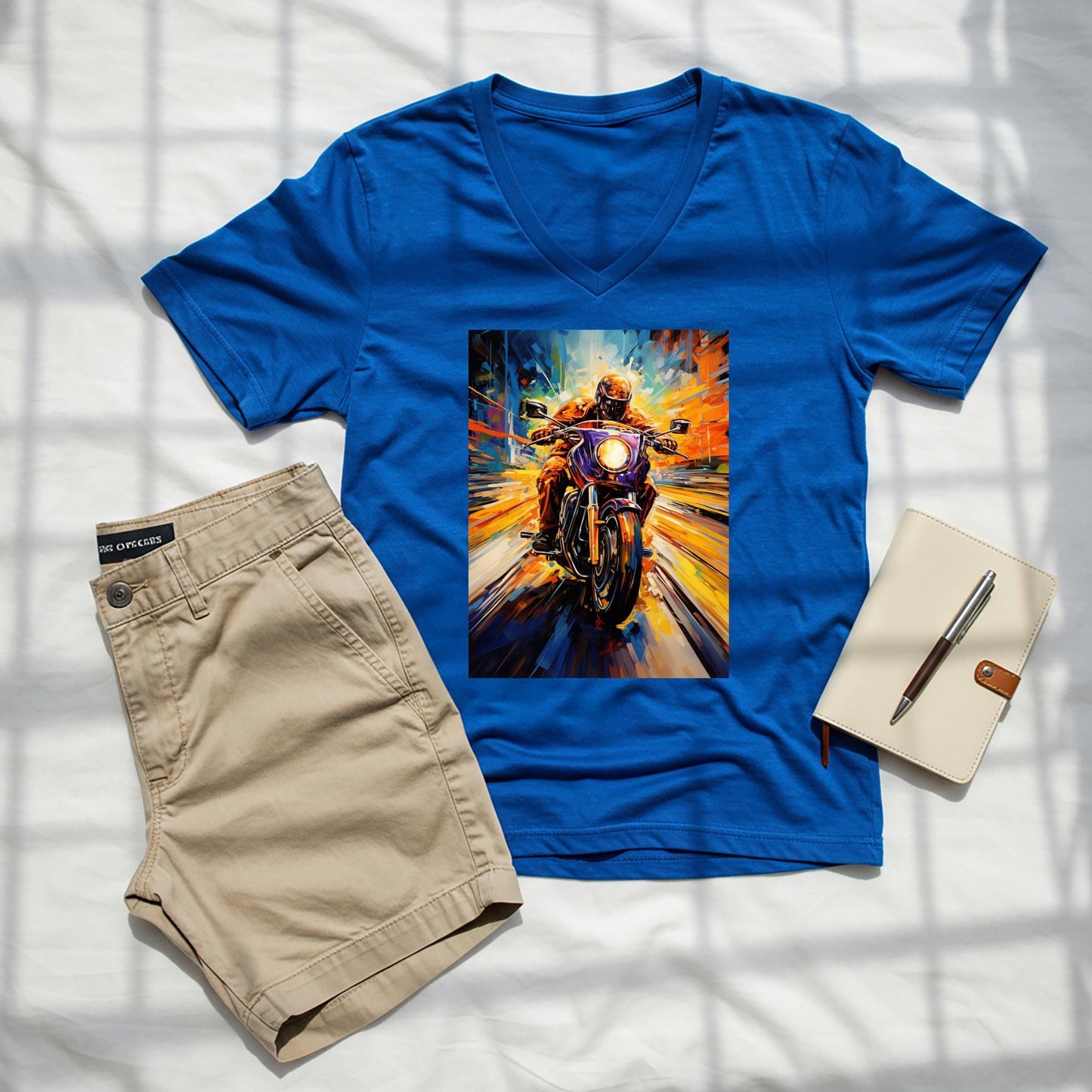 Unisex V-Neck Tee with Abstract Motorcycle Art | Dynamic Rider Speed Design | Vibrant Expressionist Biker Shirt | Unique Gift for Riders