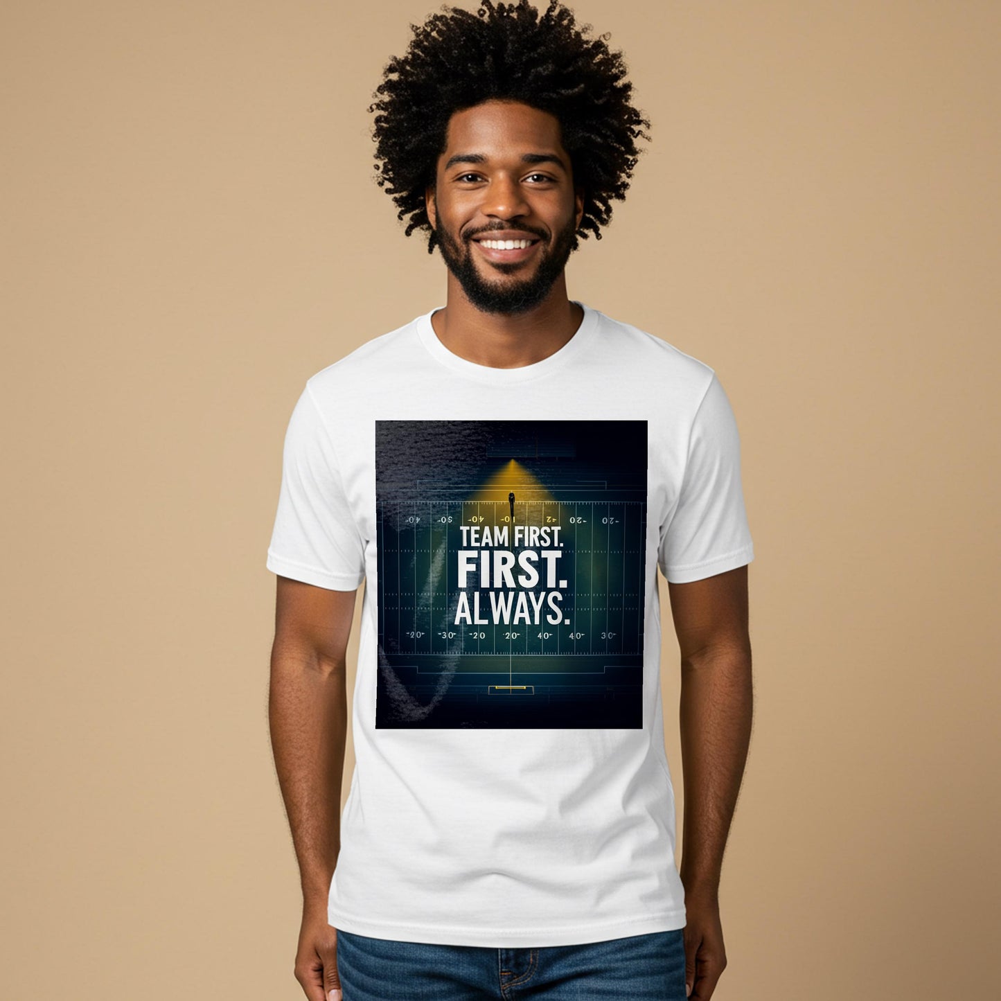 Team First Football T-Shirt | Motivational Sports Tee | Garment-Dyed Unisex Apparel | American Football Field Design | Leadership Gift