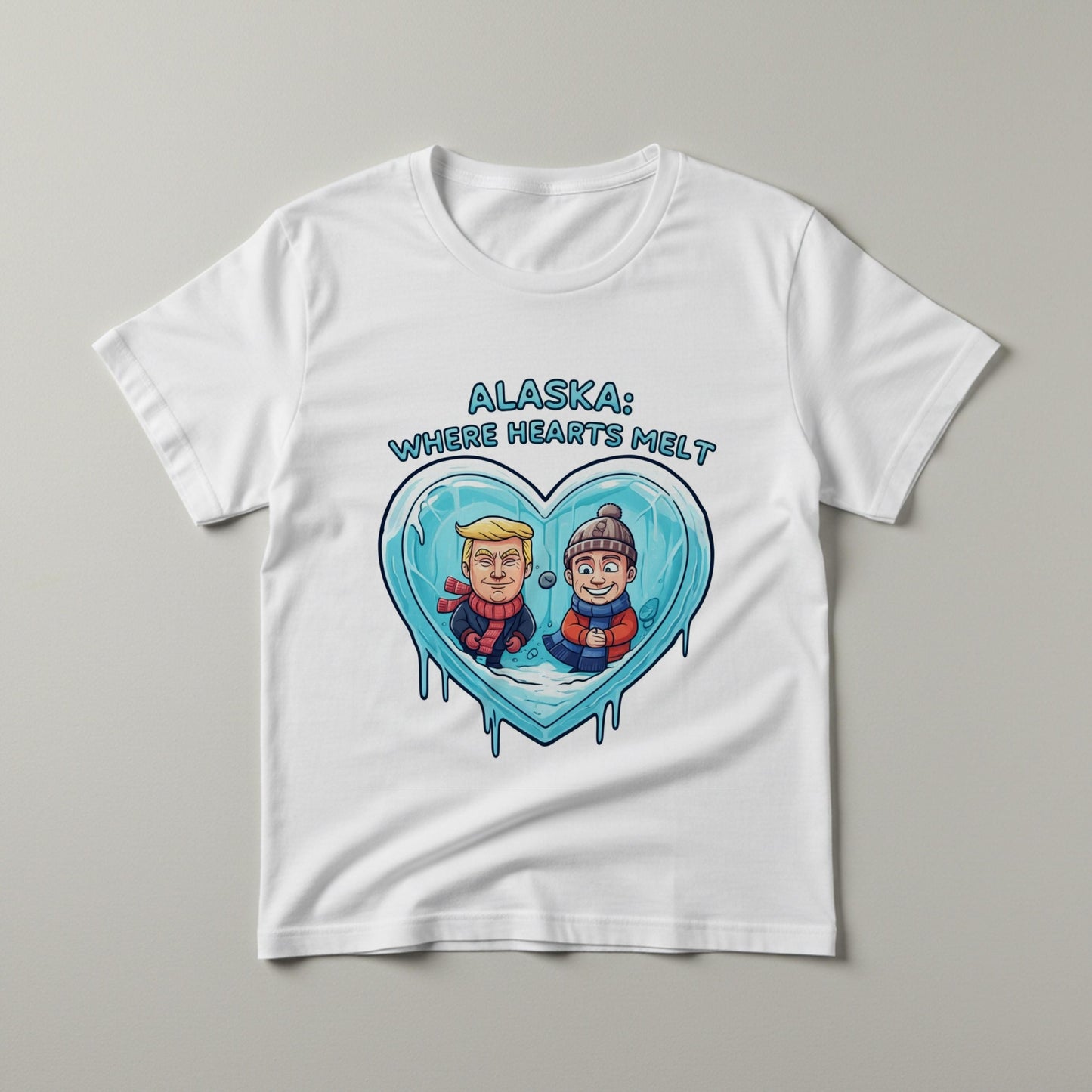 Alaska Political Humor T-Shirt | Funny Trump Biden Caricature Tee | Melting Ice Heart Design | Unisex Garment-Dyed Satire Gift Idea