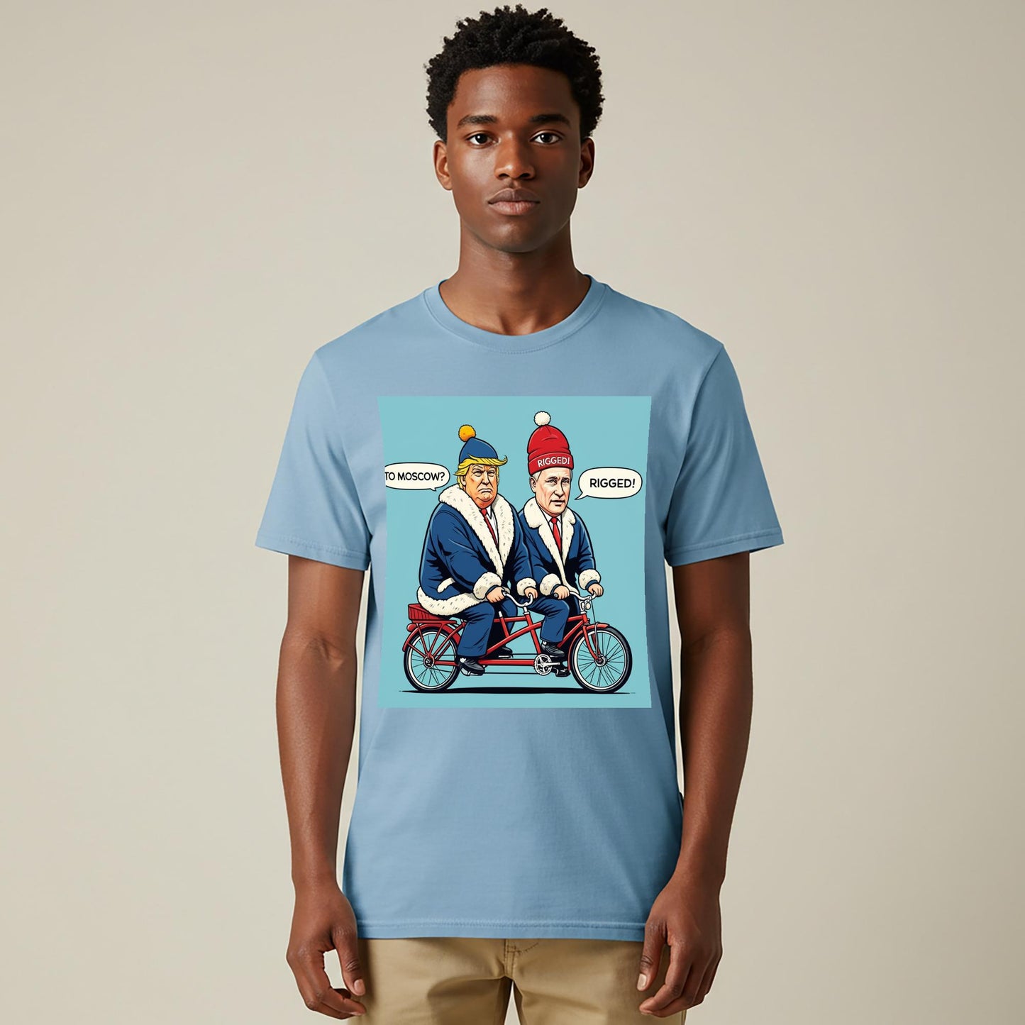 Unisex Garment-Dyed T-shirt with Funny Trump Putin Tandem Bike Political Satire Art. Current Events Humor Tee, Ironic Statement Shirt.