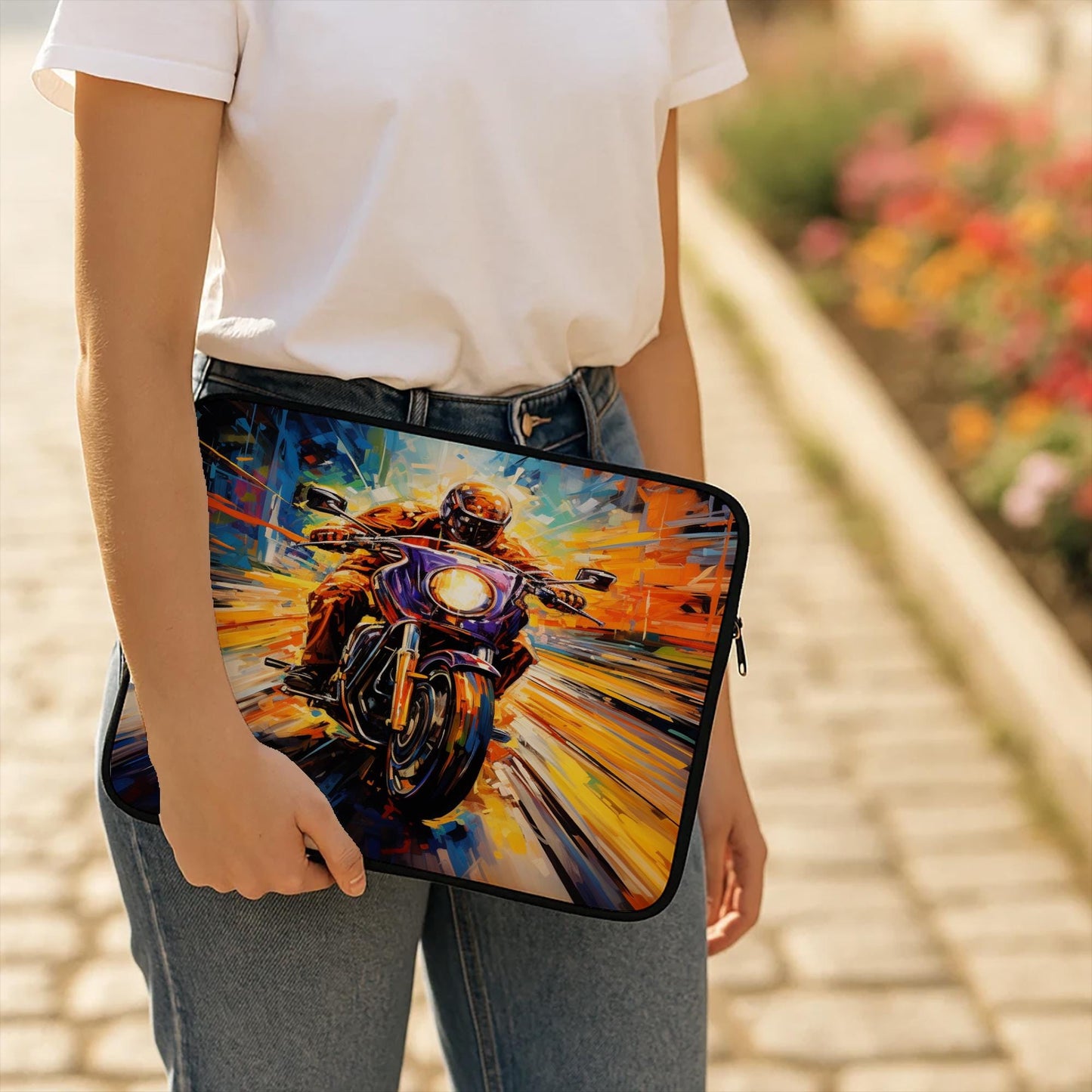 Dynamic Motorcycle Laptop Sleeve | Abstract Speed Art Biker Cover | Vibrant Expressionist Tech Bag | Unique Rider Gift Idea for Commuters