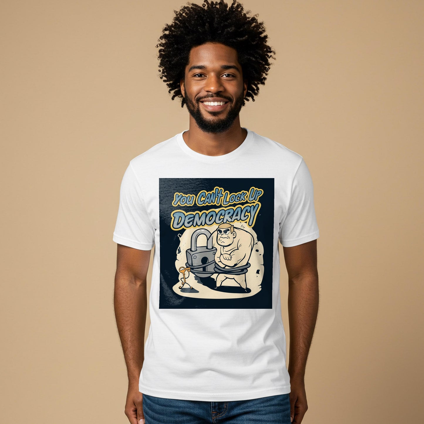You Can't Lock Up Democracy T-Shirt | Political Freedom Activist Tee | Social Justice Empowerment Apparel | Vintage Cartoon Statement Shirt