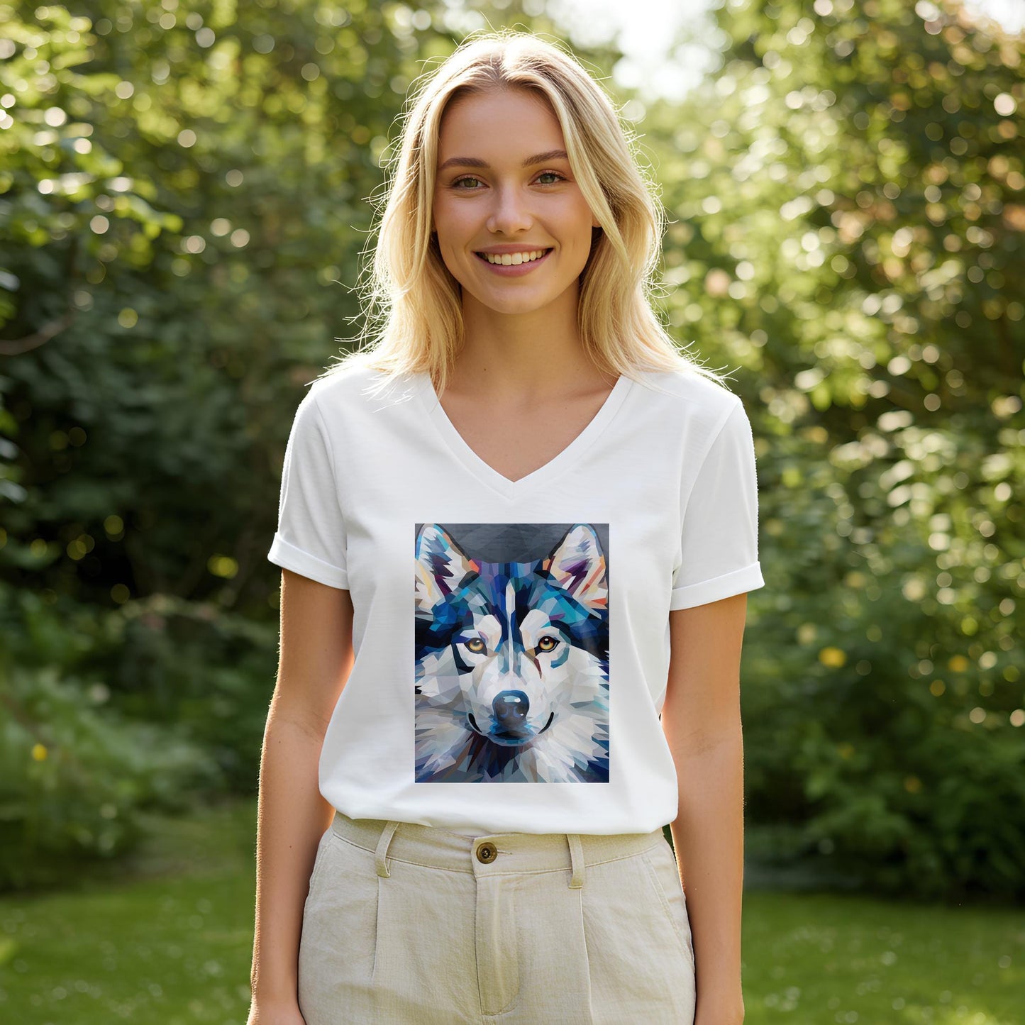 Unisex V-Neck Tee with Geometric Wolf Art | Modern Spirit Animal Shirt | Abstract Wildlife Design | Cool Blue & White Expressive Top