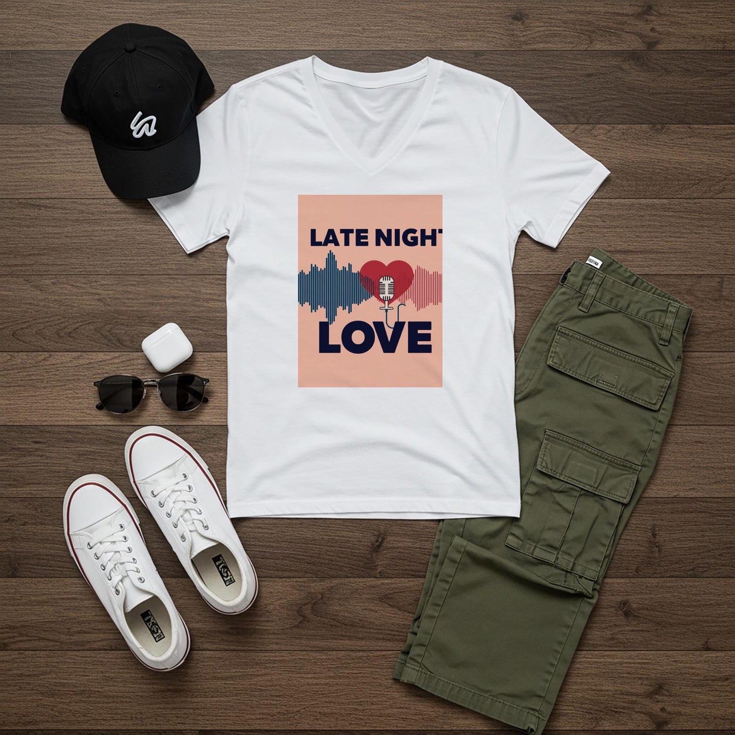 Late Night Love V-Neck Tee | Romantic Podcast Lover Shirt | Vintage Microphone Heart Sound Wave Design | Music Lover Gift for Him Her