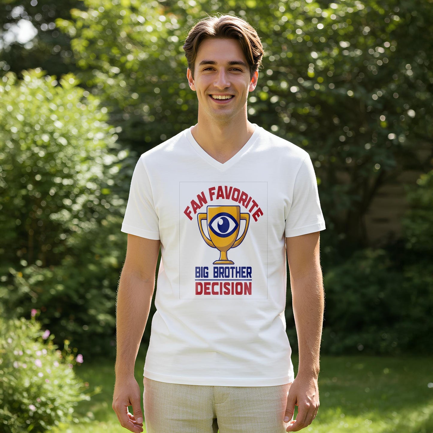 Big Brother Fan Favorite Decision V-Neck Tee | Reality TV Show Merchandise | Iconic Eye Trophy Design | Pop Culture Apparel Gift for Fans