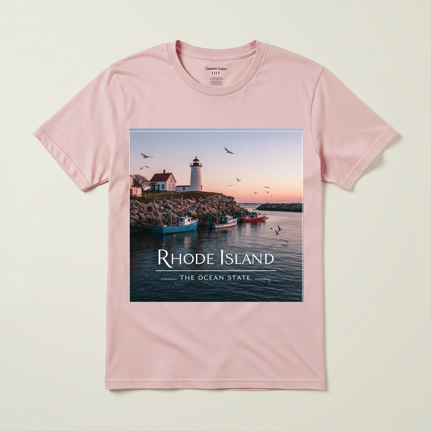 Rhode Island Ocean State Tee | Coastal Lighthouse Garment Dyed Unisex T-Shirt | Nautical New England Souvenir | Scenic Seascape Apparel
