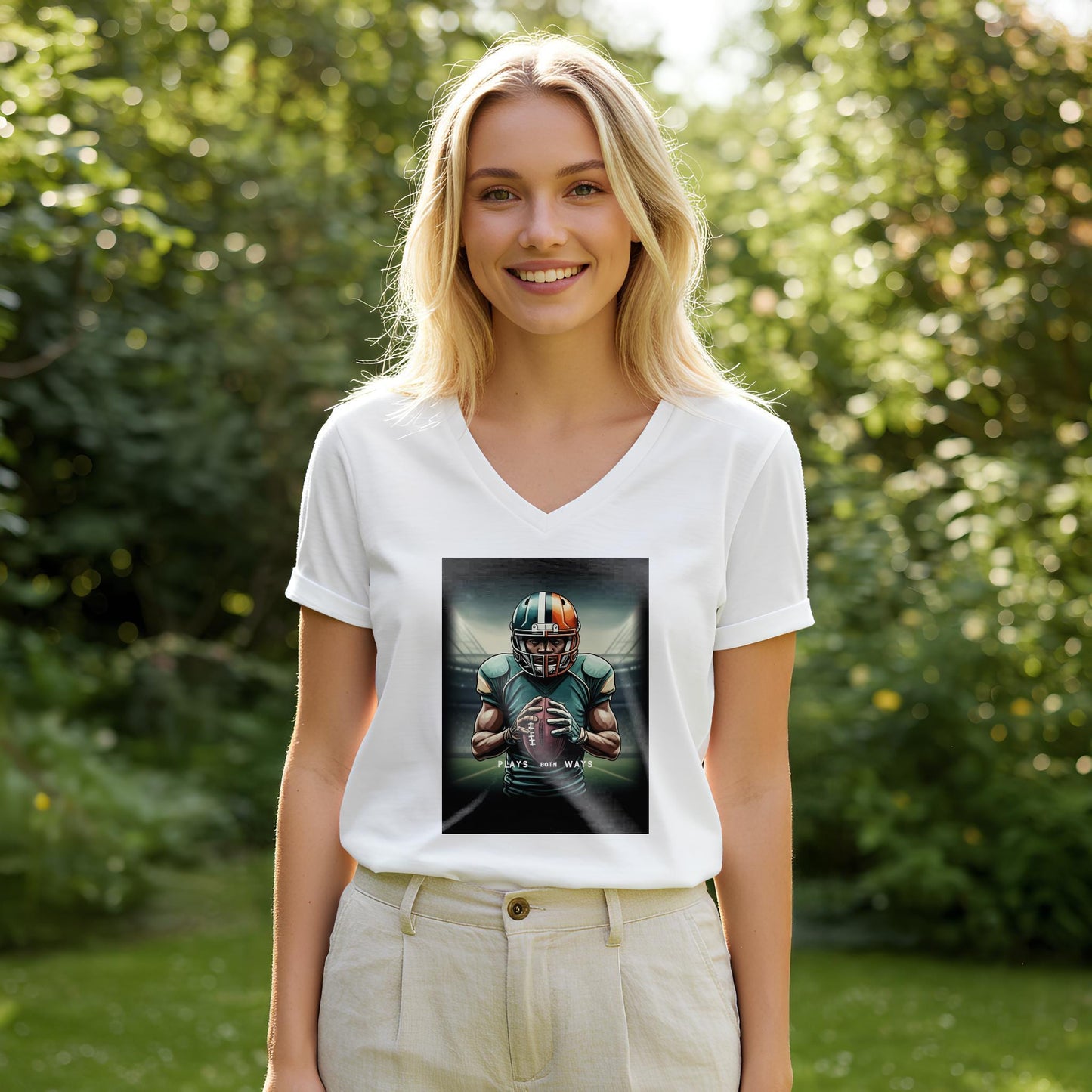 American Football Player V-Neck Tee | Game Day Apparel for Fans | Plays Both Ways Athletic Graphic Shirt | Determined Athlete Gift