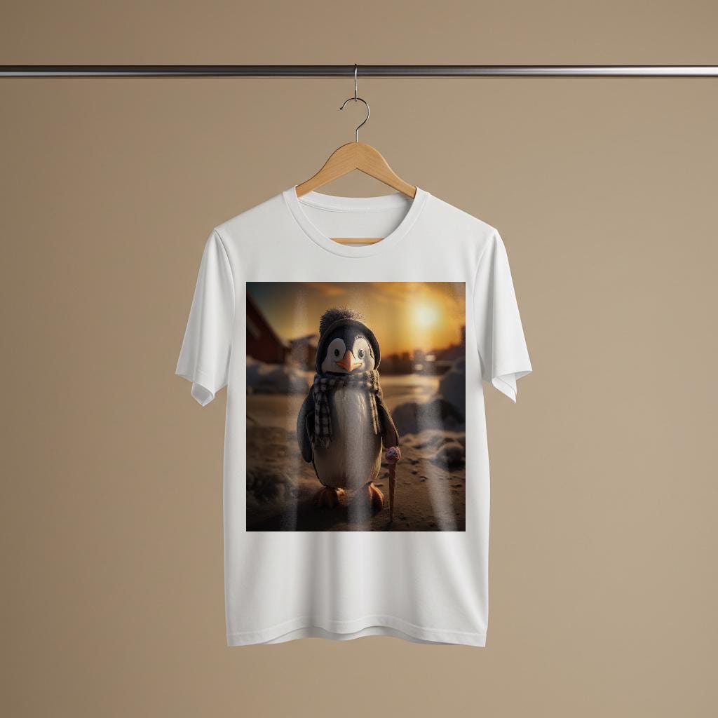 Cozy Penguin Garment-Dyed T-shirt | Whimsical Winter Animal Graphic Tee | Cute Ice Cream Penguin Shirt | Unique Sunset Design Gift Idea