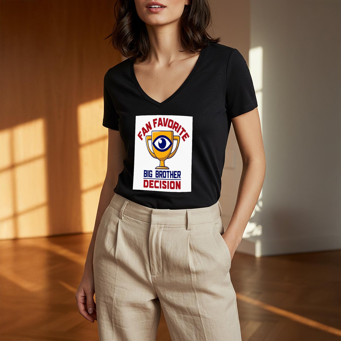 Big Brother Fan Favorite Decision V-Neck Tee | Reality TV Show Merchandise | Iconic Eye Trophy Design | Pop Culture Apparel Gift for Fans