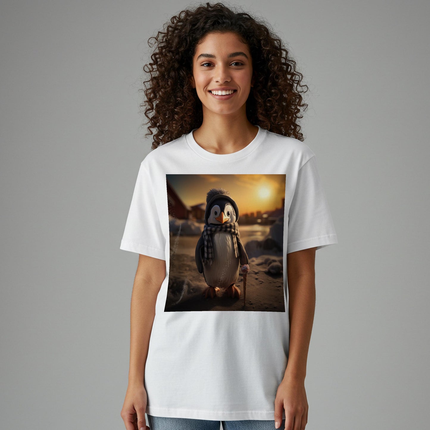 Cozy Penguin Garment-Dyed T-shirt | Whimsical Winter Animal Graphic Tee | Cute Ice Cream Penguin Shirt | Unique Sunset Design Gift Idea