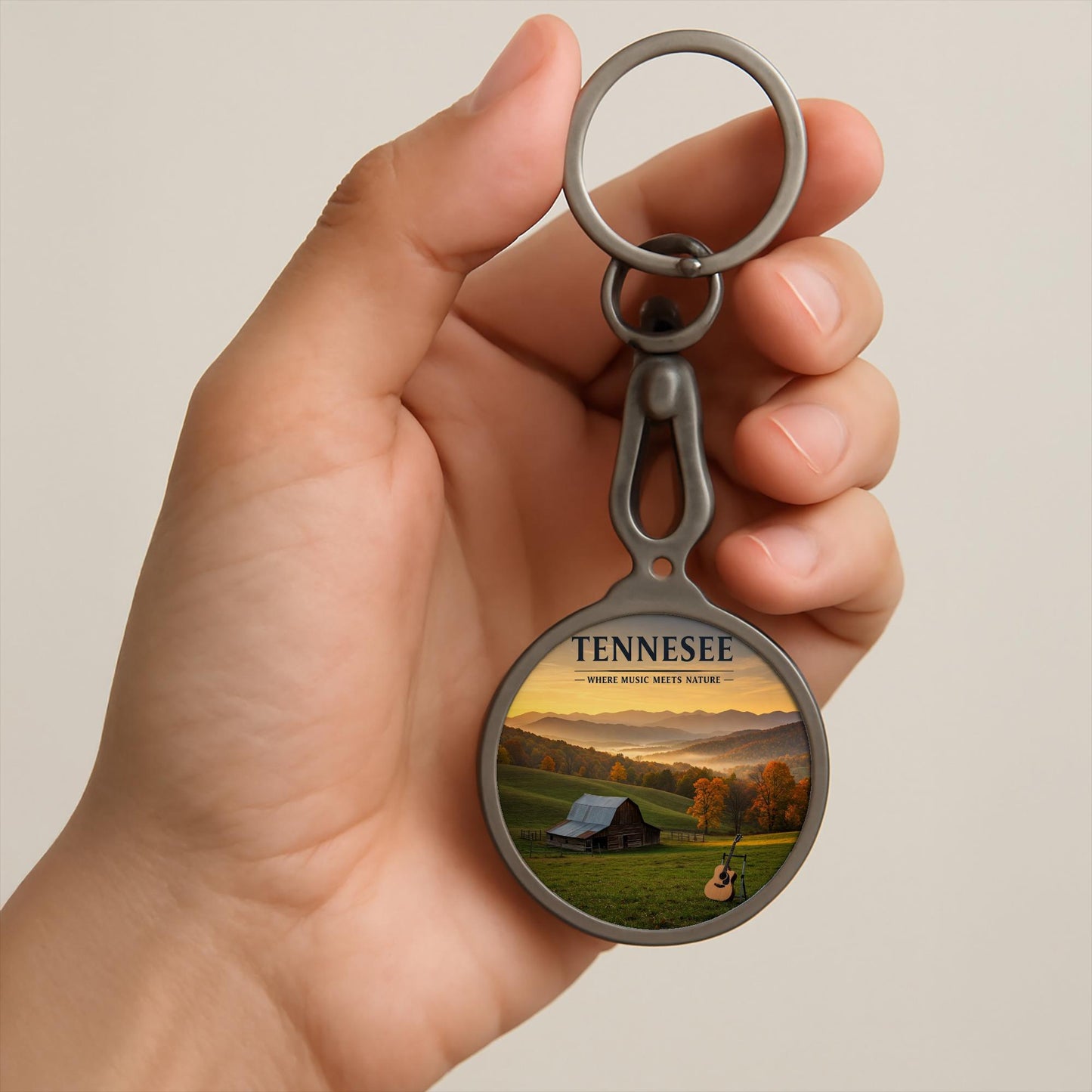 Tennessee Music Nature Keyring | Appalachian Landscape Keychain | Country Music Heritage Souvenir | Rustic Barn Guitar Art Print Tag