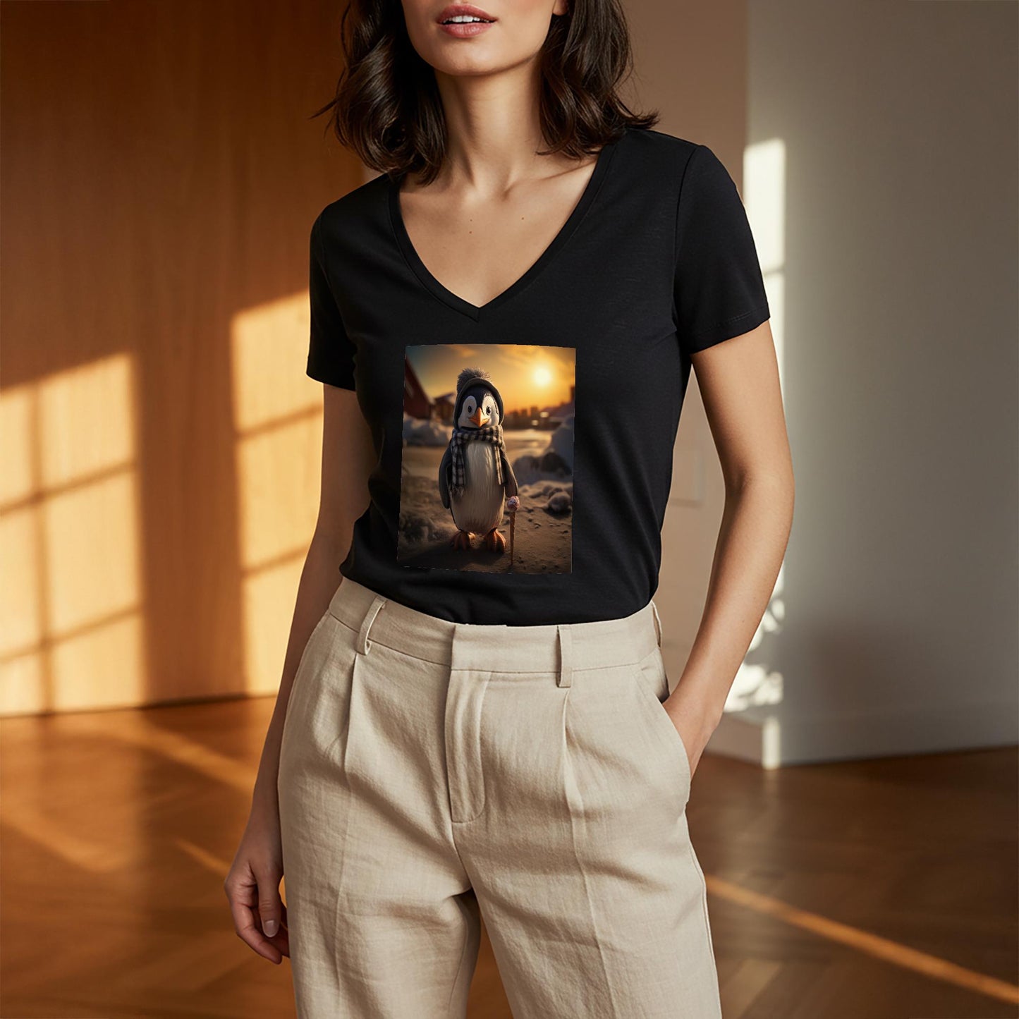 Adorable Winter Penguin V-Neck Tee | Whimsical Animal Graphic T-Shirt | Cozy Unisex Apparel Gift for Penguin Lovers & Holiday Cheer