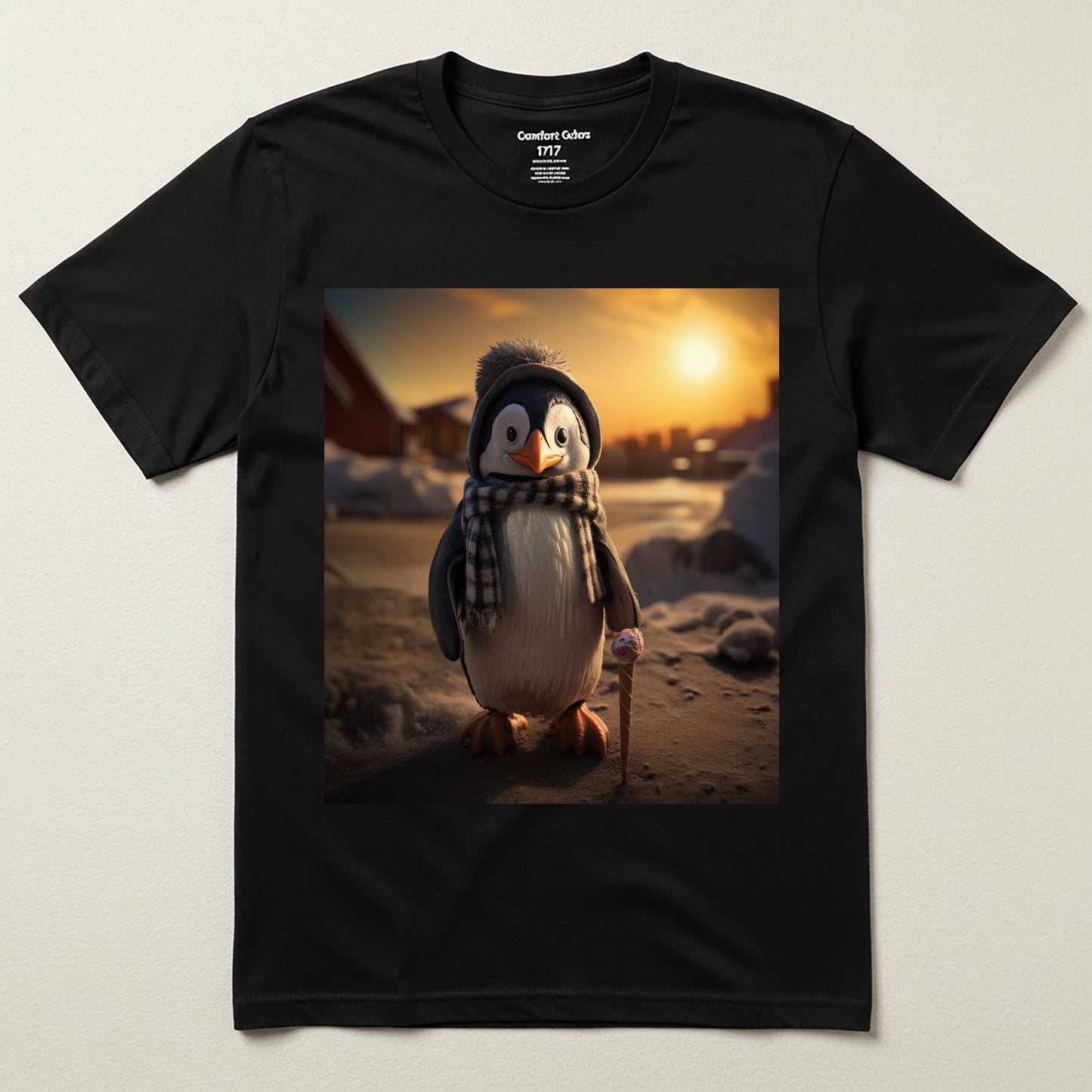 Cozy Penguin Garment-Dyed T-shirt | Whimsical Winter Animal Graphic Tee | Cute Ice Cream Penguin Shirt | Unique Sunset Design Gift Idea
