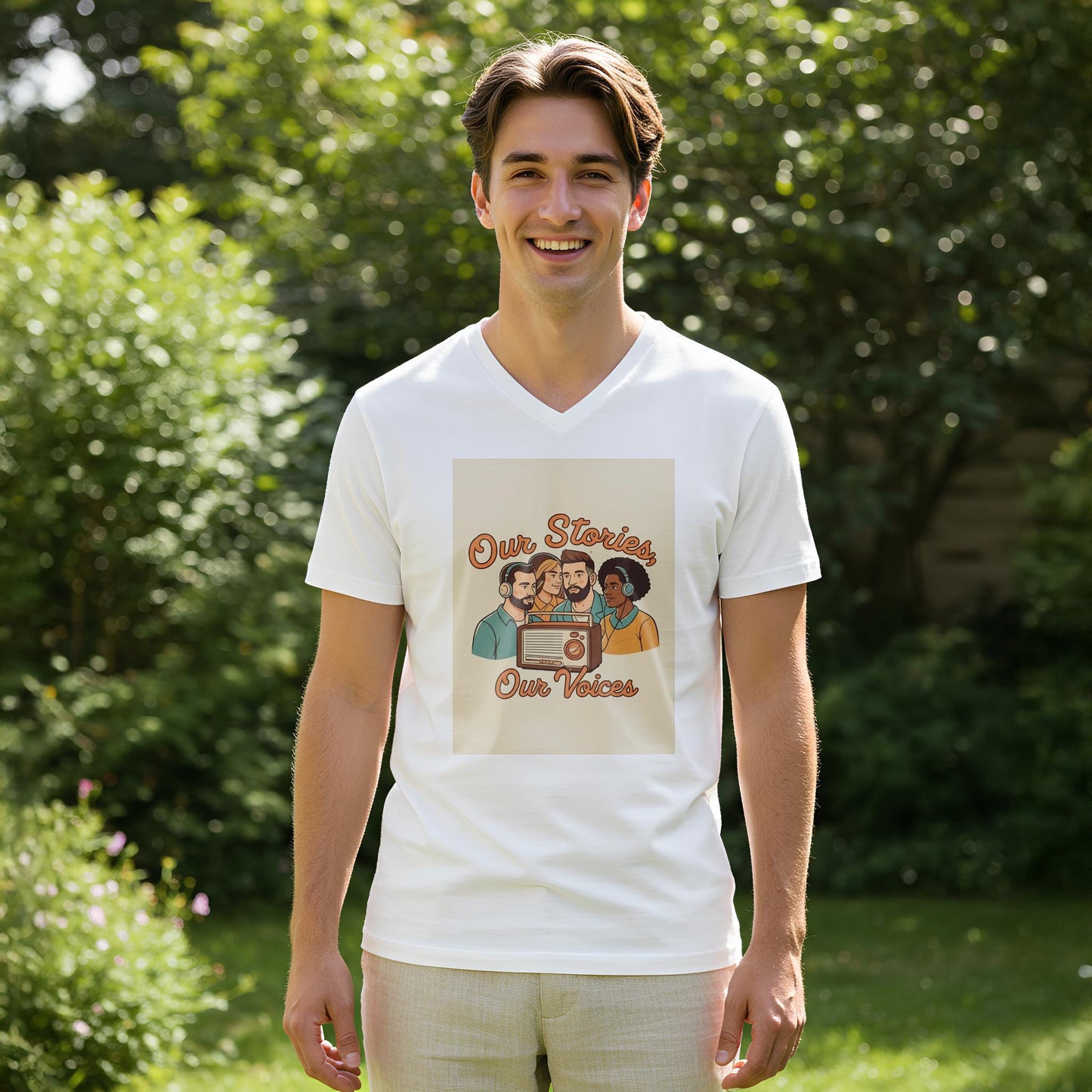 Our Stories Our Voices Unisex V-Neck Tee | Diverse Voices Podcast Lover Gift | Retro Radio Graphic Shirt | Community Connection Apparel