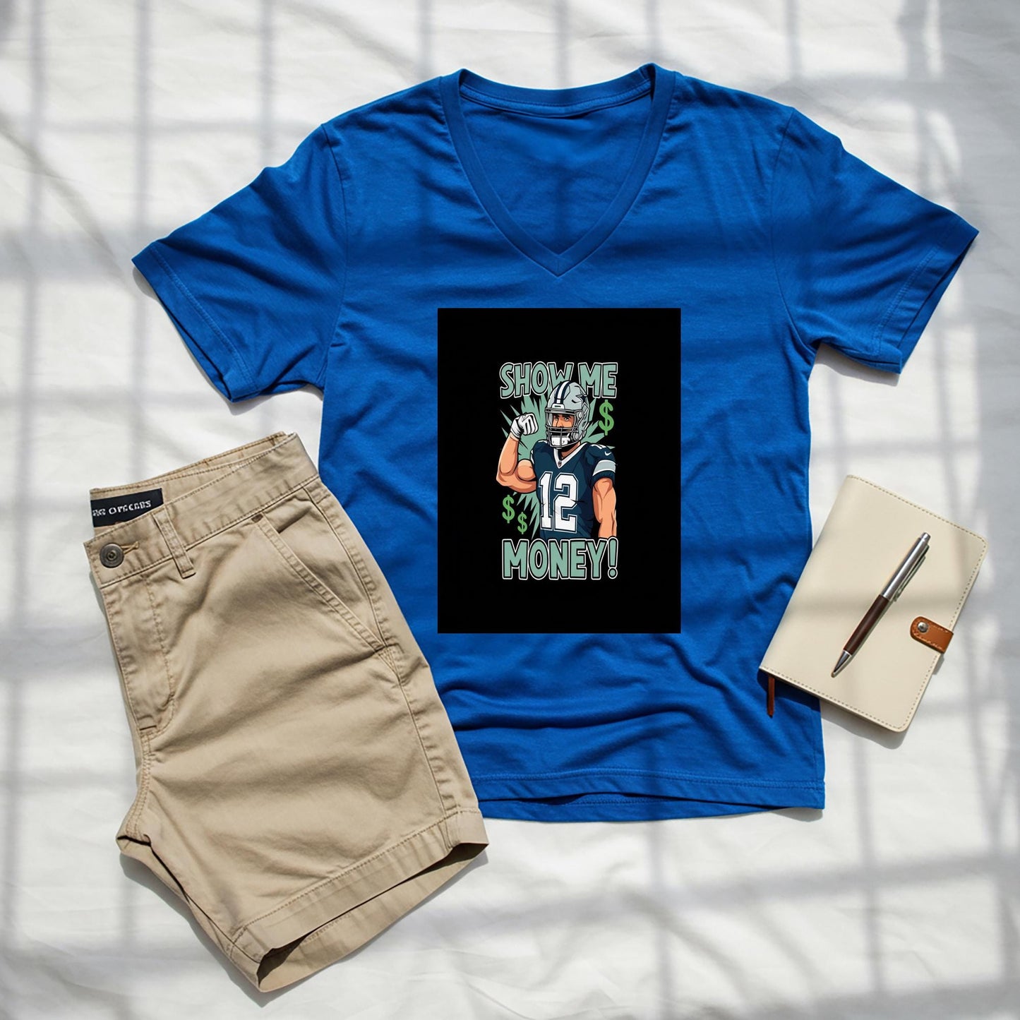 Unisex V-Neck Tee, Football Player Shirt, Show Me Money T-Shirt, Sports Humor Tee, Game Day Outfit, Football Fan Gift, Confident Attitude