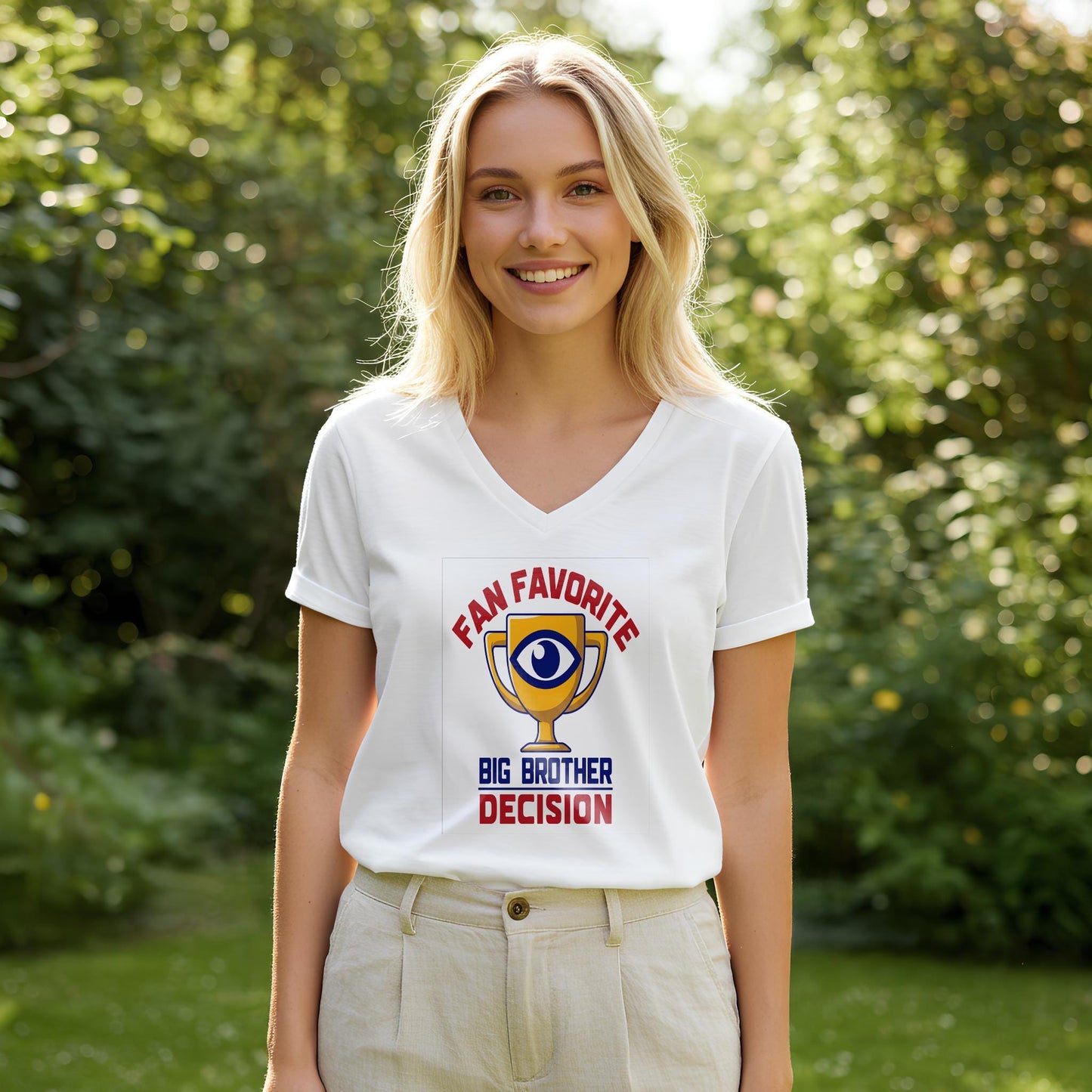 Big Brother Fan Favorite Decision V-Neck Tee | Reality TV Show Merchandise | Iconic Eye Trophy Design | Pop Culture Apparel Gift for Fans