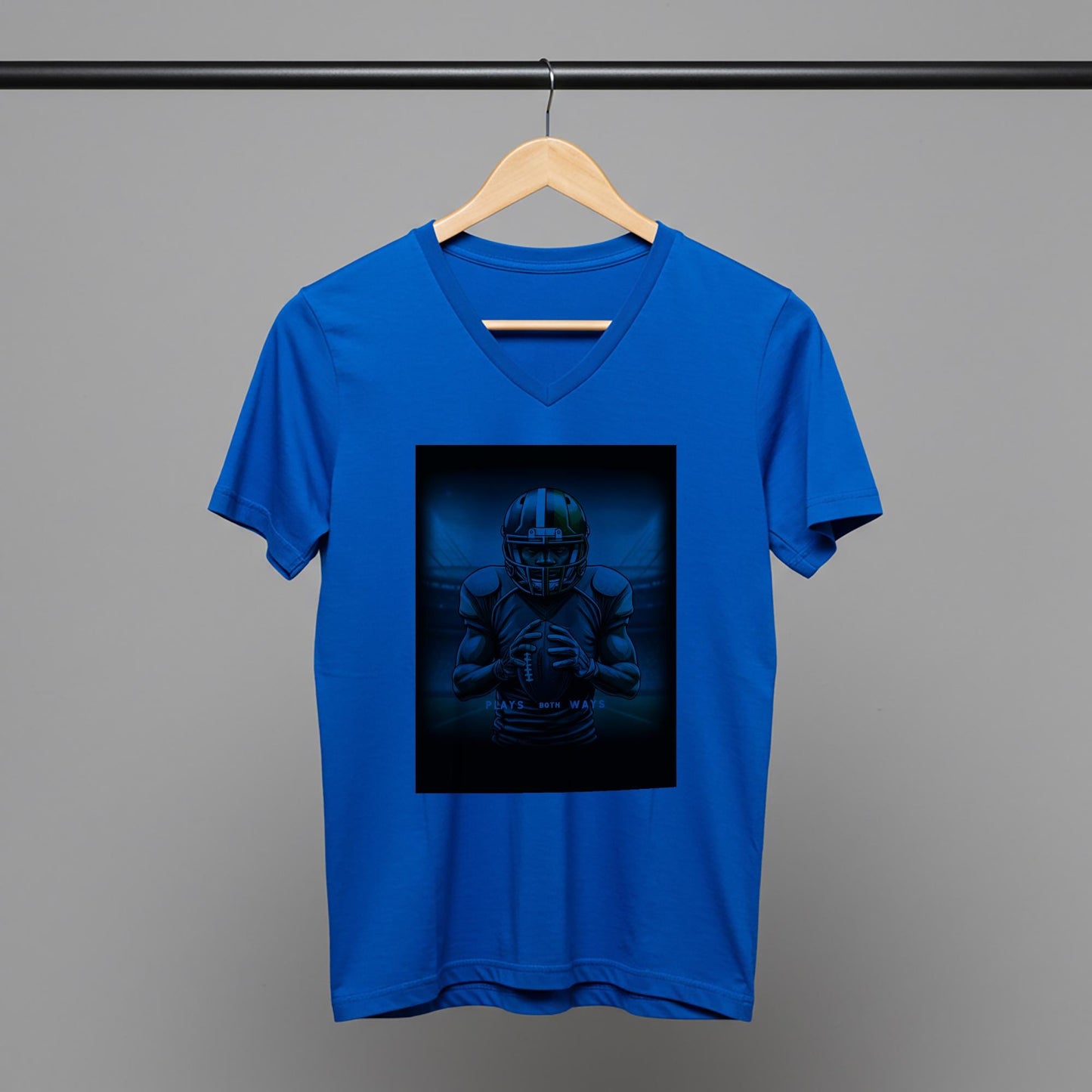 American Football Player V-Neck Tee | Game Day Apparel for Fans | Plays Both Ways Athletic Graphic Shirt | Determined Athlete Gift