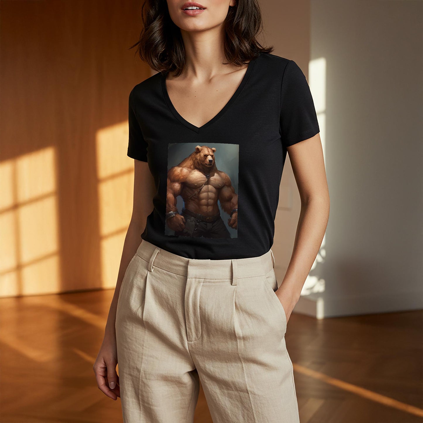 Muscular Anthropomorphic Bear V-Neck Tee | Fantasy Art Graphic Shirt | Power Symbol Apparel | Rugged Style Unisex Top for Bear Community