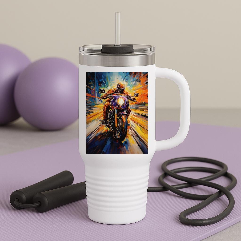 Dynamic Motorcycle Art Travel Mug | Abstract Biker Tumbler | Vibrant Speed Design | Insulated 40oz Rider Gift for Enthusiasts & Adventurers