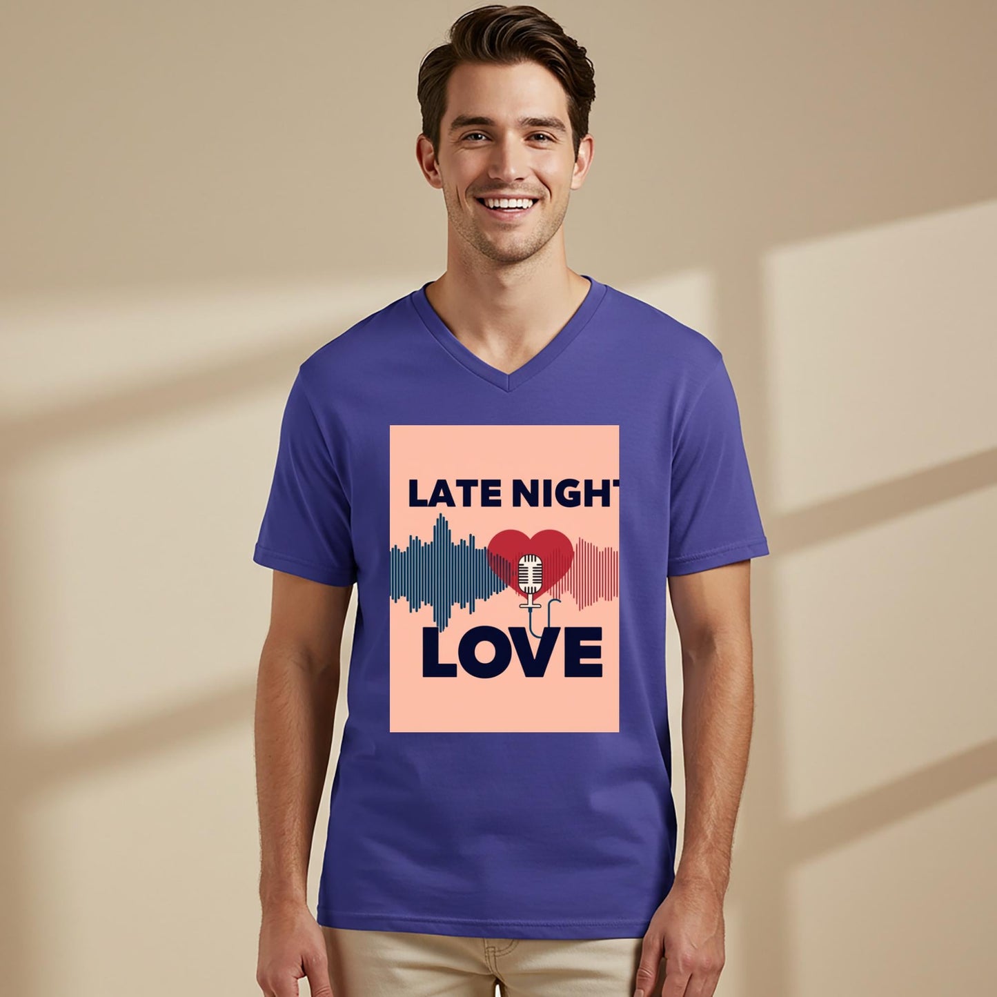 Late Night Love V-Neck Tee | Romantic Podcast Lover Shirt | Vintage Microphone Heart Sound Wave Design | Music Lover Gift for Him Her