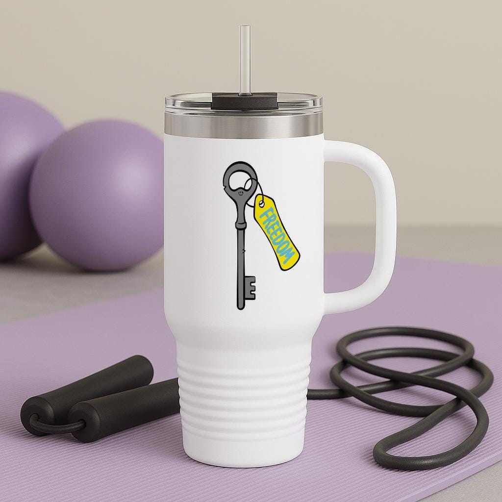 Freedom Key Insulated Travel Mug 40oz | Motivational Tumbler with Smiley Key Design | Inspirational Drinkware for Adventure & Positivity
