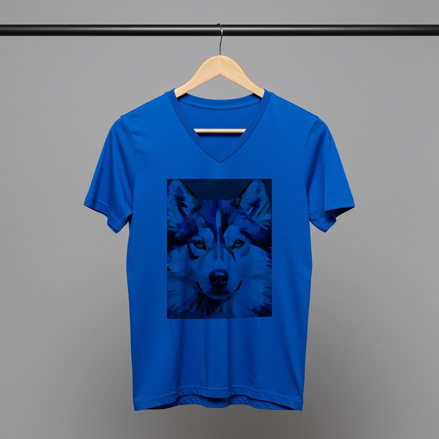 Unisex V-Neck Tee with Geometric Wolf Art | Modern Spirit Animal Shirt | Abstract Wildlife Design | Cool Blue & White Expressive Top