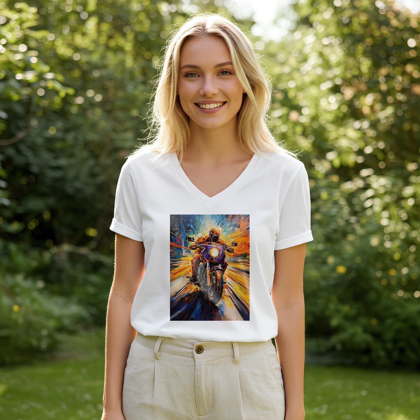 Unisex V-Neck Tee with Abstract Motorcycle Art | Dynamic Rider Speed Design | Vibrant Expressionist Biker Shirt | Unique Gift for Riders