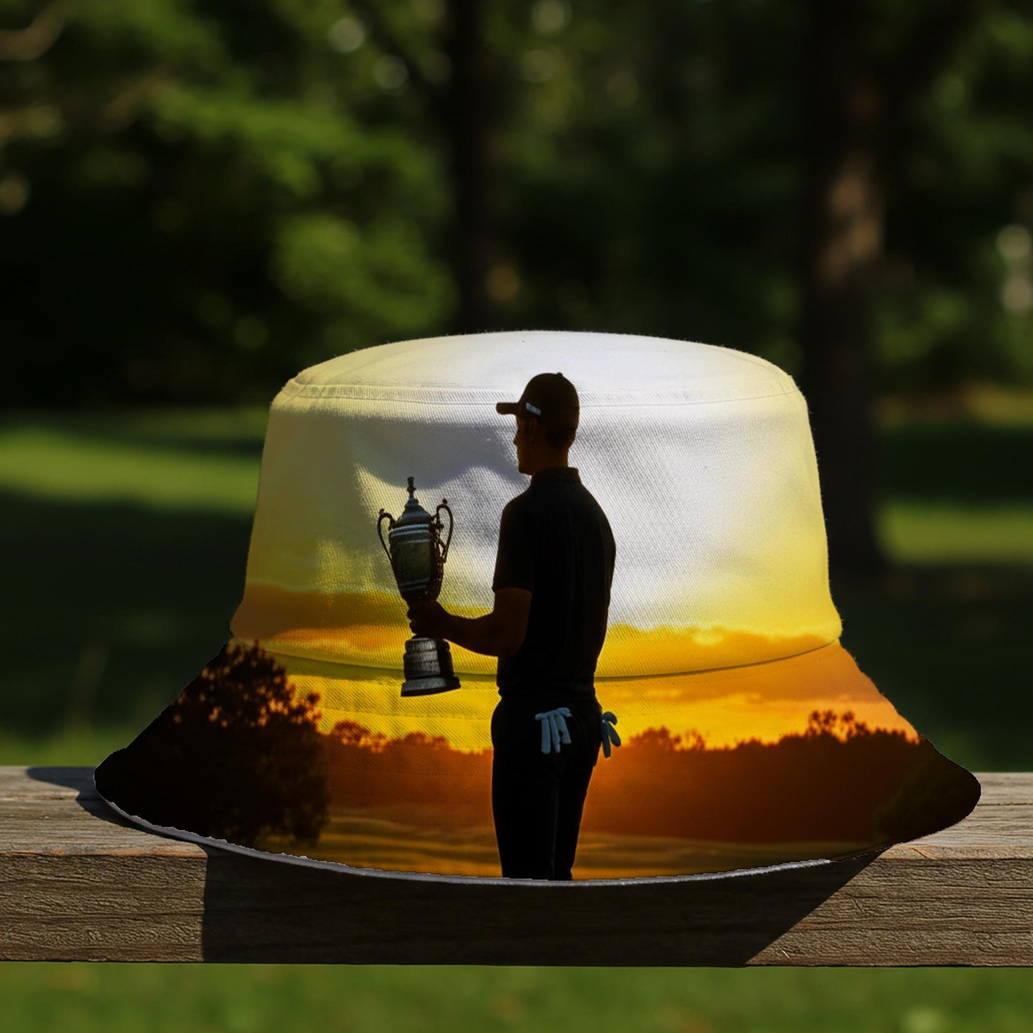 Golden Finish Golf Bucket Hat | Triumphant Golfer Sunset Design | Victory Champion Apparel | Inspirational Sports Gift for Golfers