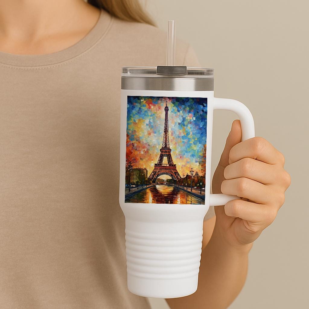 Vibrant Eiffel Tower Travel Mug 40oz | Impressionist Autumn Paris Insulated Tumbler | Artistic Cityscape Drinkware | Wanderlust Gift