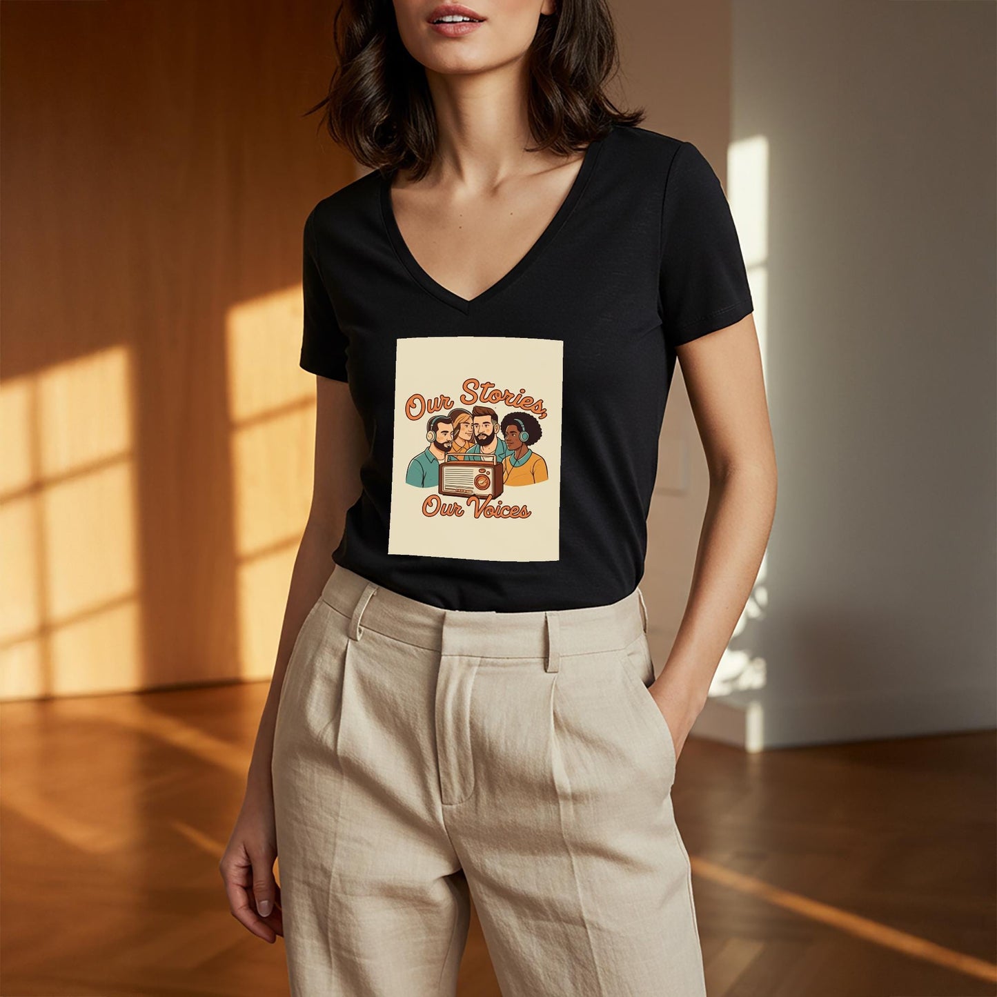 Our Stories Our Voices Unisex V-Neck Tee | Diverse Voices Podcast Lover Gift | Retro Radio Graphic Shirt | Community Connection Apparel