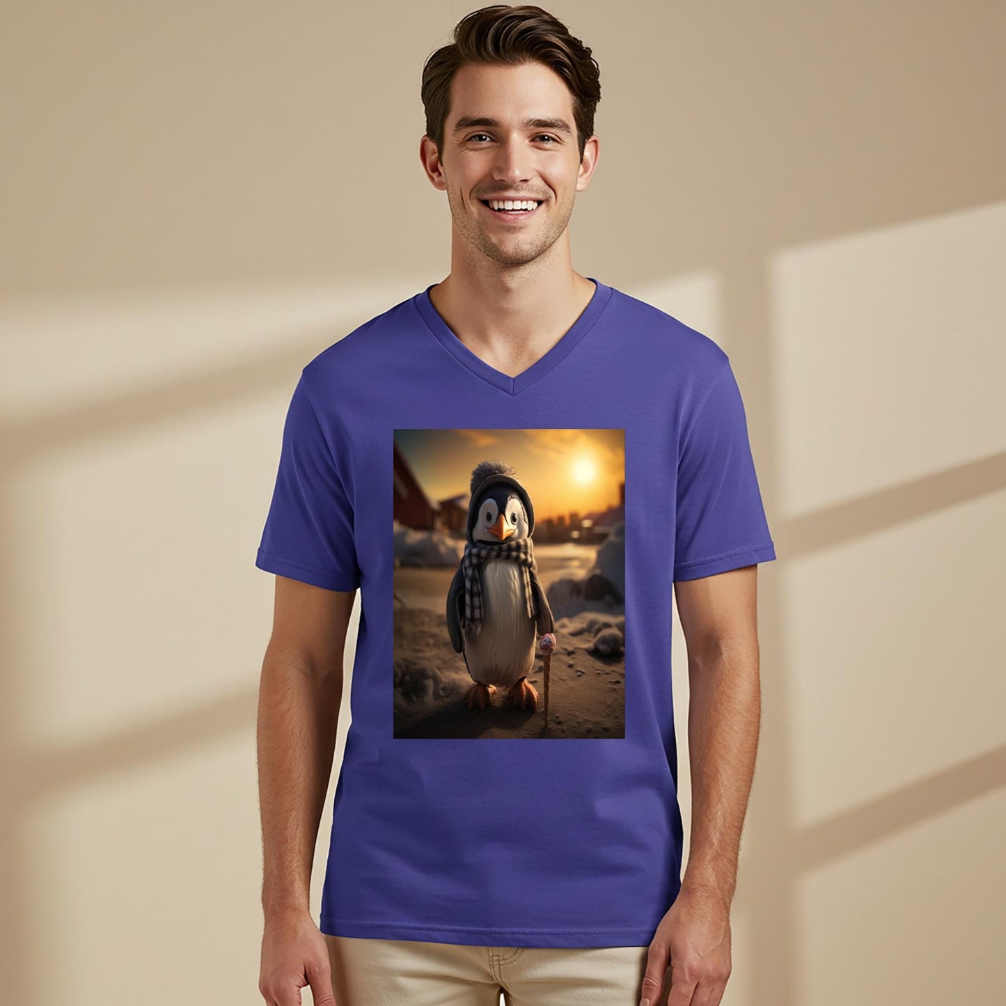 Adorable Winter Penguin V-Neck Tee | Whimsical Animal Graphic T-Shirt | Cozy Unisex Apparel Gift for Penguin Lovers & Holiday Cheer