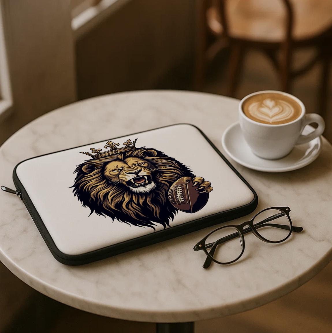 Royal Roaring Lion Crown Football Laptop Sleeve | Majestic Sports Fan Gift | Fierce Animal Tech Accessory | Unique Protective Cover