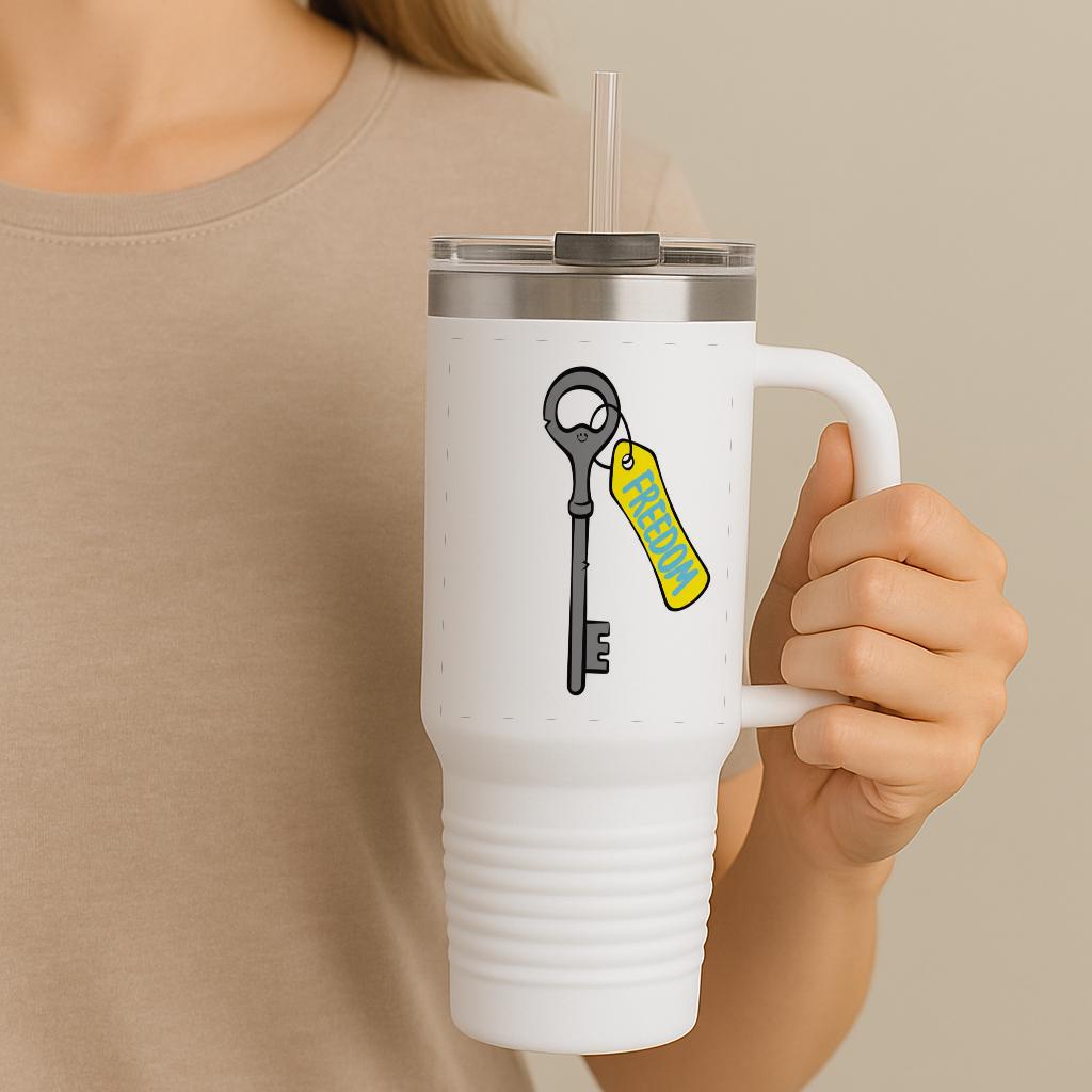Freedom Key Insulated Travel Mug 40oz | Motivational Tumbler with Smiley Key Design | Inspirational Drinkware for Adventure & Positivity
