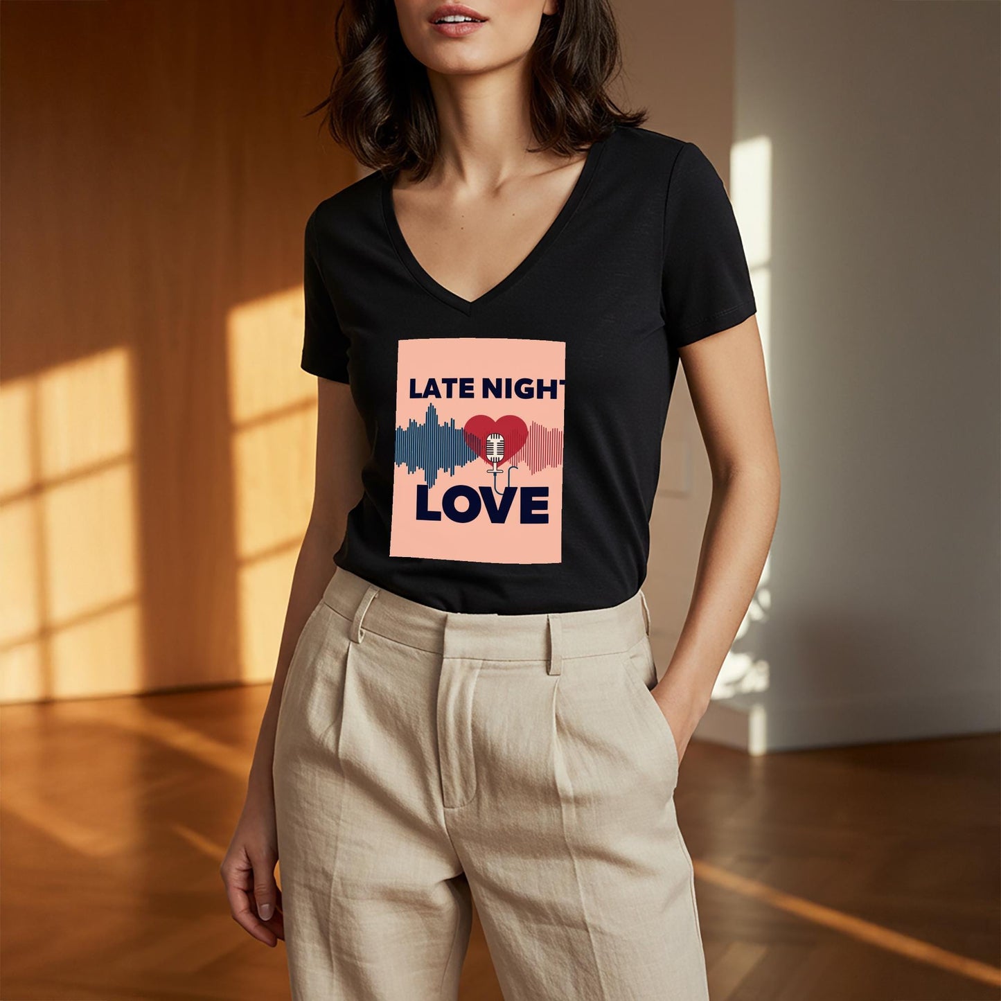Late Night Love V-Neck Tee | Romantic Podcast Lover Shirt | Vintage Microphone Heart Sound Wave Design | Music Lover Gift for Him Her
