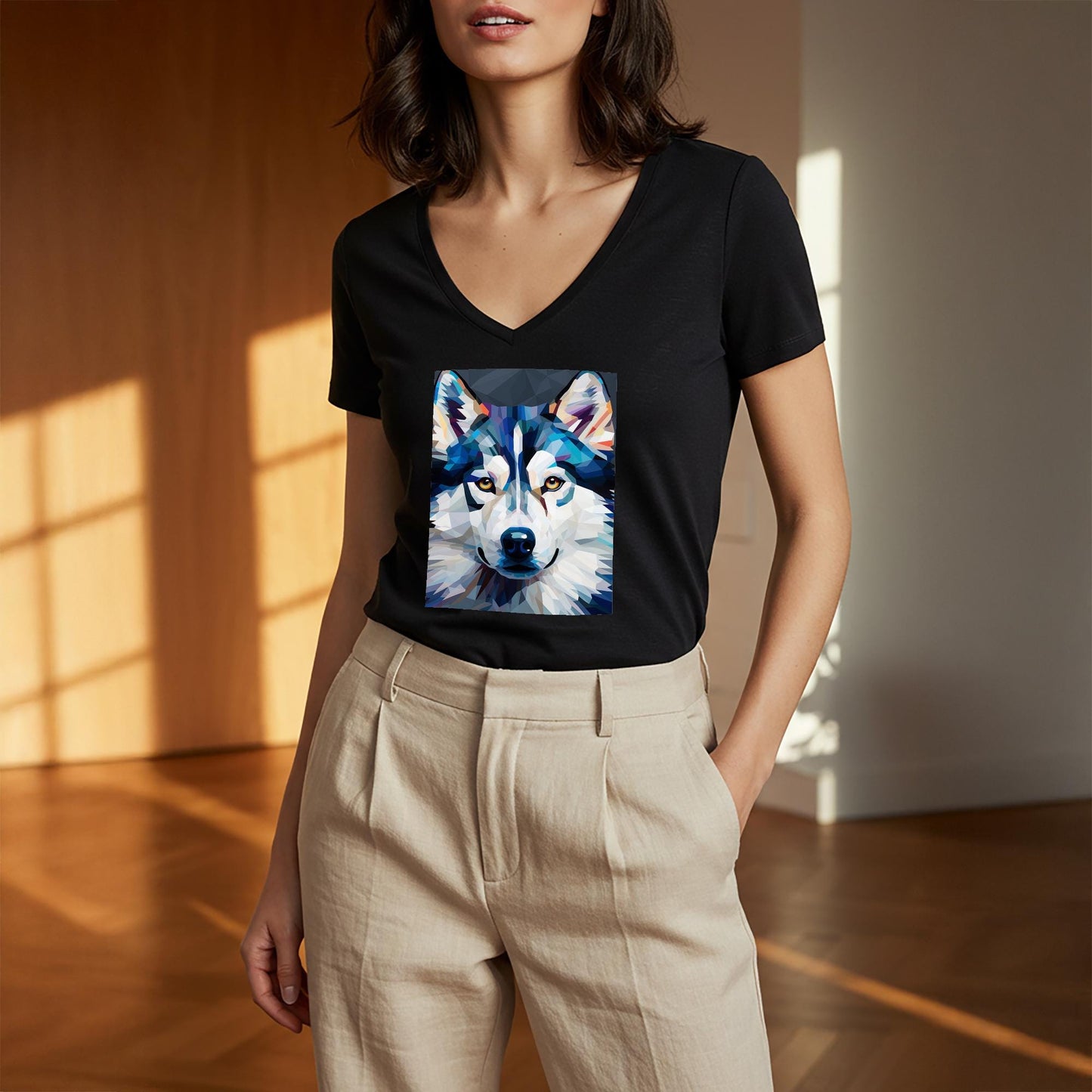 Unisex V-Neck Tee with Geometric Wolf Art | Modern Spirit Animal Shirt | Abstract Wildlife Design | Cool Blue & White Expressive Top