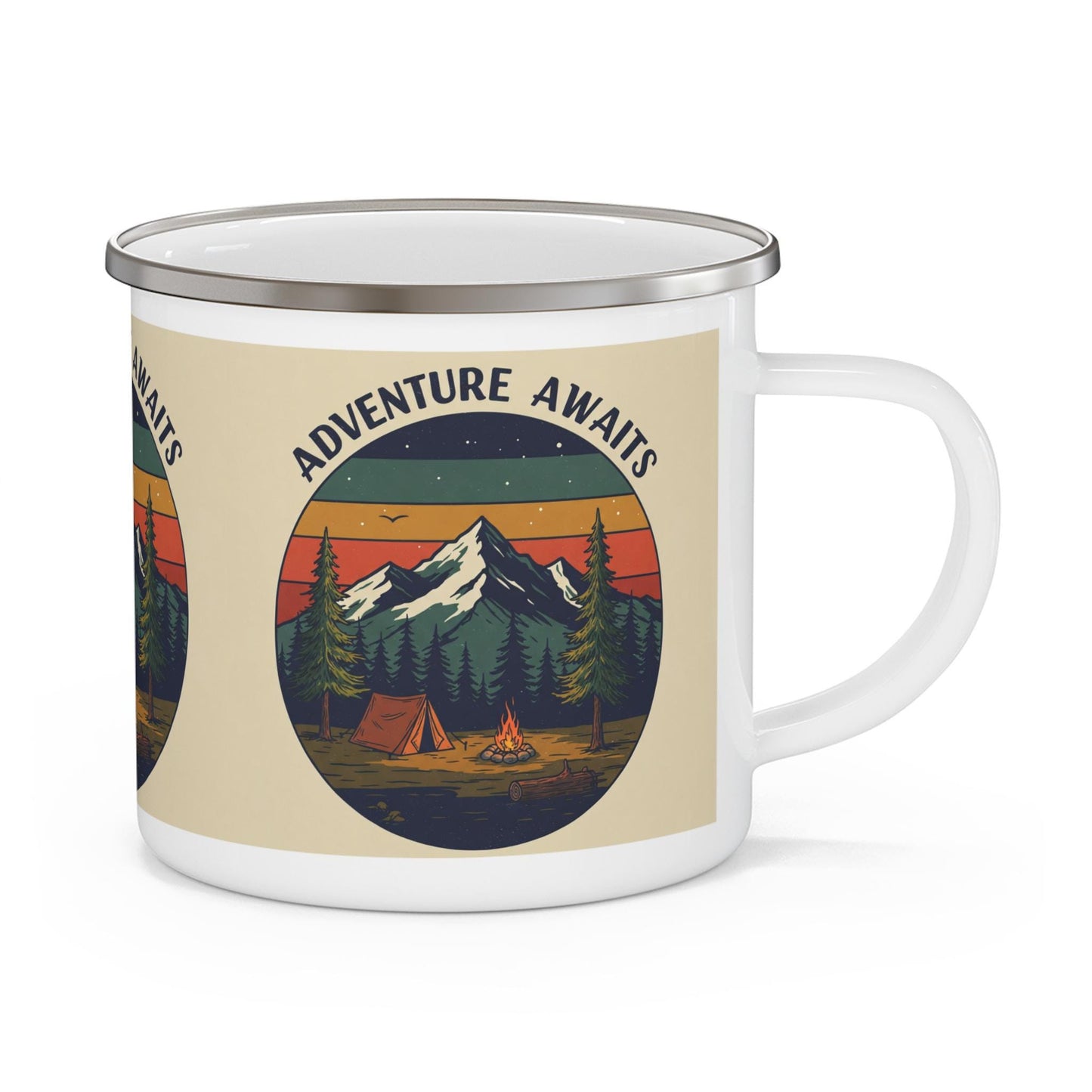 Adventure Awaits Enamel Mug - Retro Camping Cup for Outdoor Lovers & Hikers