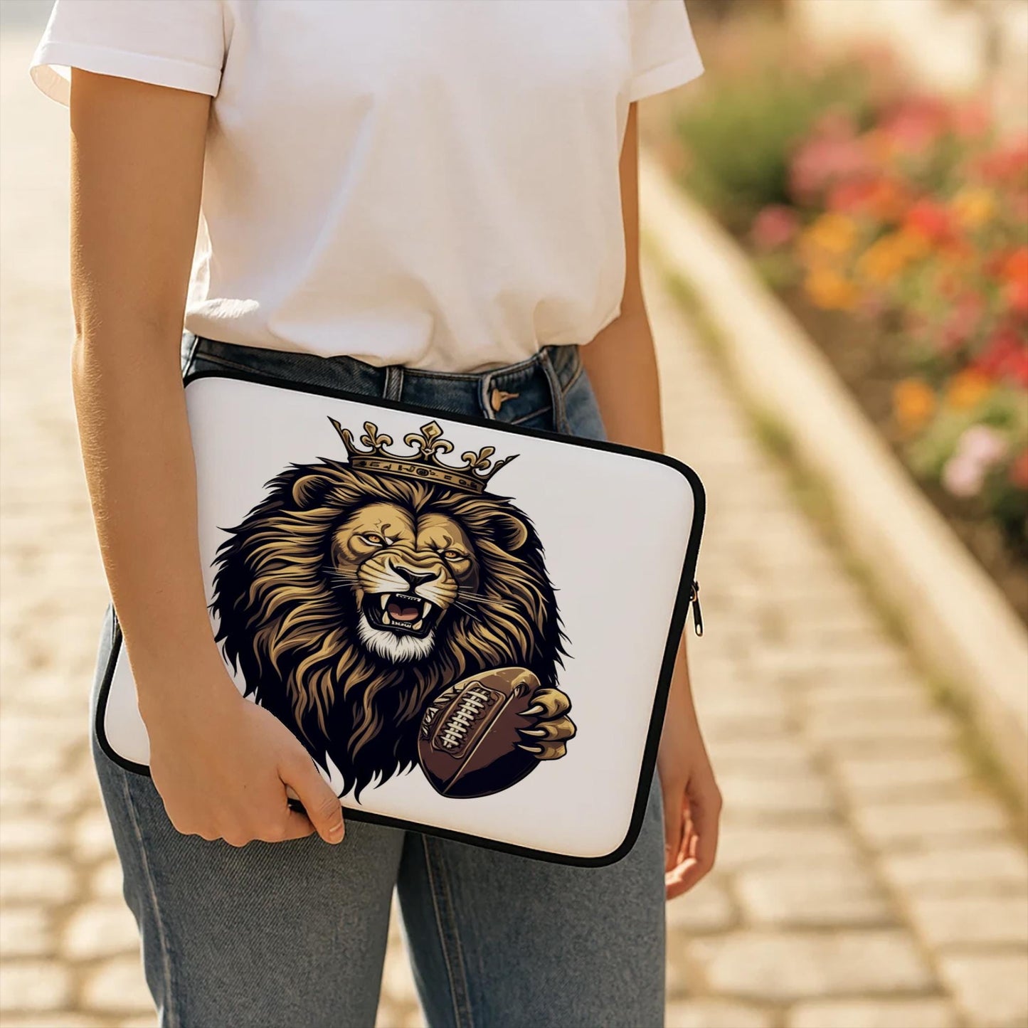 Royal Roaring Lion Crown Football Laptop Sleeve | Majestic Sports Fan Gift | Fierce Animal Tech Accessory | Unique Protective Cover