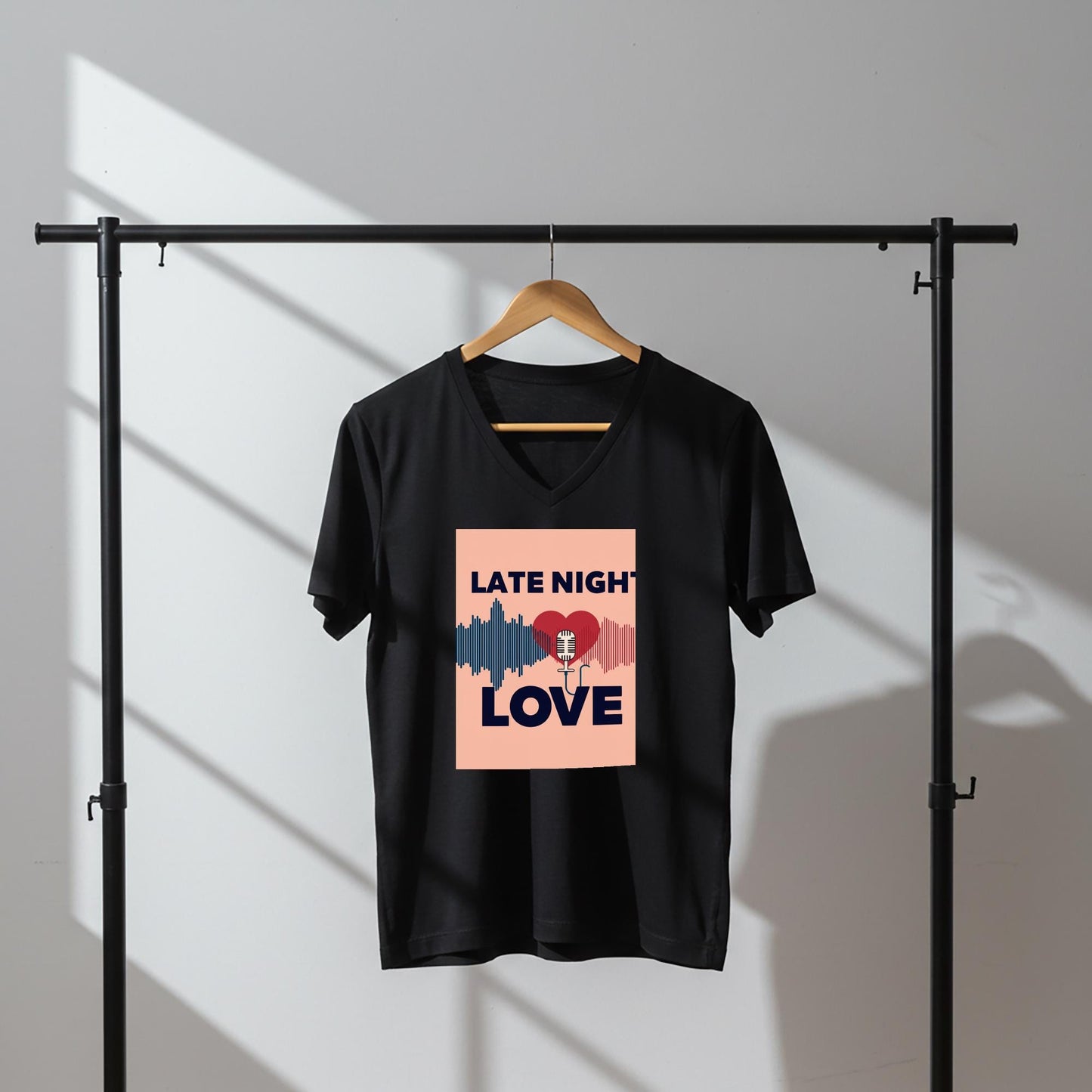 Late Night Love V-Neck Tee | Romantic Podcast Lover Shirt | Vintage Microphone Heart Sound Wave Design | Music Lover Gift for Him Her
